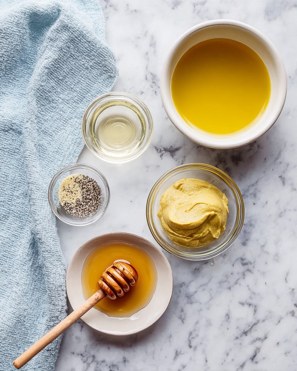 The image shows six containers with different ingredients arranged on a white marbled surface with a light blue cloth to the left. At the top right, there is a white bowl filled with golden olive oil, reflecting light. Below it and slightly to the left is a small clear glass bowl with a small amount of pale yellow vinegar or similar liquid. Next to that, in the center, is another clear glass bowl holding a smooth, creamy dollop of yellow mustard. To the left of the mustard, a tiny clear bowl contains a small mix of coarse black pepper and salt. At the bottom left, a white plate holds golden honey with a wooden honey dipper resting in it, the dipper handle stretching to the right side of the image. photo taken with an iphone --ar 4:5 --v 7