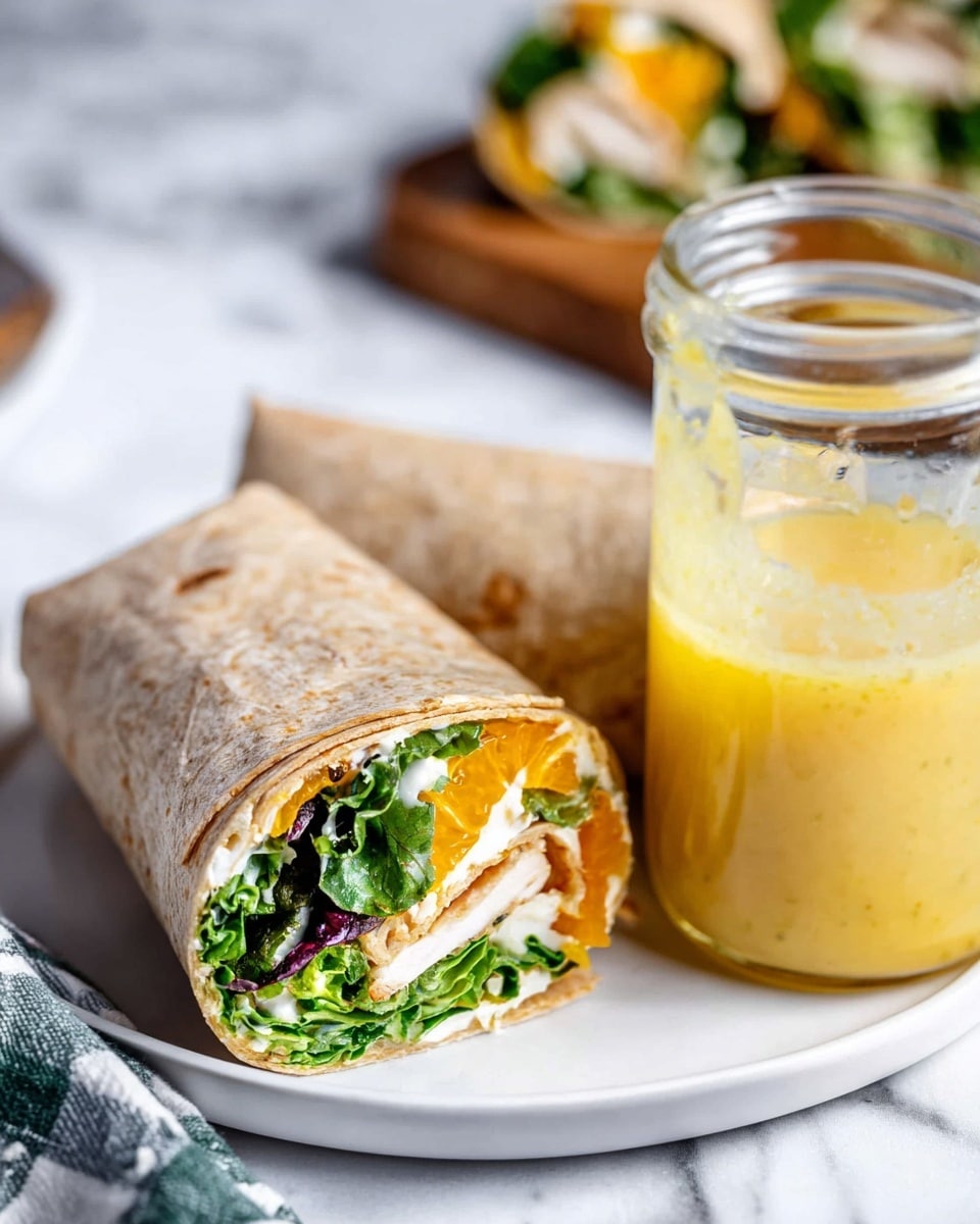 The image shows two wrap sandwiches placed on a white plate with a white marbled surface underneath. One wrap is cut in half, revealing three visible layers inside: a green leafy layer of lettuce, an orange segment layer, and a white layer that looks like cheese or chicken pieces. The other wrap remains whole, showing a closed soft brown tortilla. Next to the wraps is a clear glass jar filled halfway with yellow dressing. In the background, another whole wrap is slightly blurred. Photo taken with an iphone --ar 4:5 --v 7