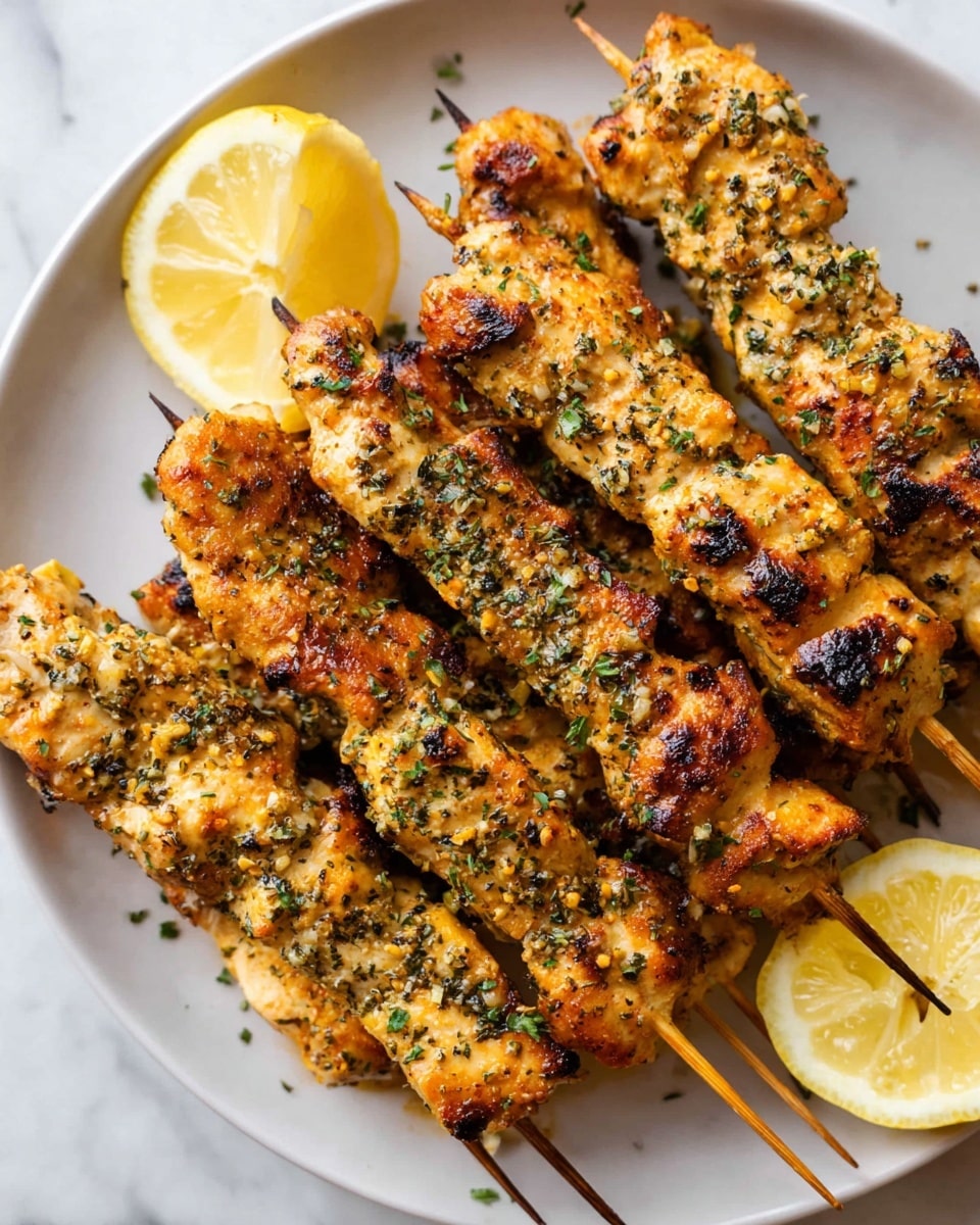 The image shows a white plate filled with six grilled chicken skewers arranged closely, with golden-brown chicken pieces seasoned with green herbs and small black grill marks. The chicken looks moist and slightly textured from the spices and herbs coating it. Two lemon wedges, bright yellow with visible seeds, are placed on the plate, one near the top and one near the bottom edge. The plate sits on a white marbled surface. photo taken with an iphone --ar 4:5 --v 7