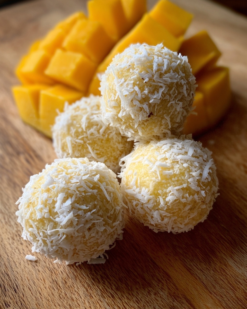 The image shows four round yellow balls covered in white shredded coconut, each with a rough texture from the coconut flakes. They are placed closely together on a wooden surface. Behind the balls, there are several rectangular slices of bright yellow fruit or jelly, stacked in a small pile. The overall scene has soft lighting, highlighting the texture of the coconut and the smoothness of the yellow pieces. photo taken with an iphone --ar 4:5 --v 7