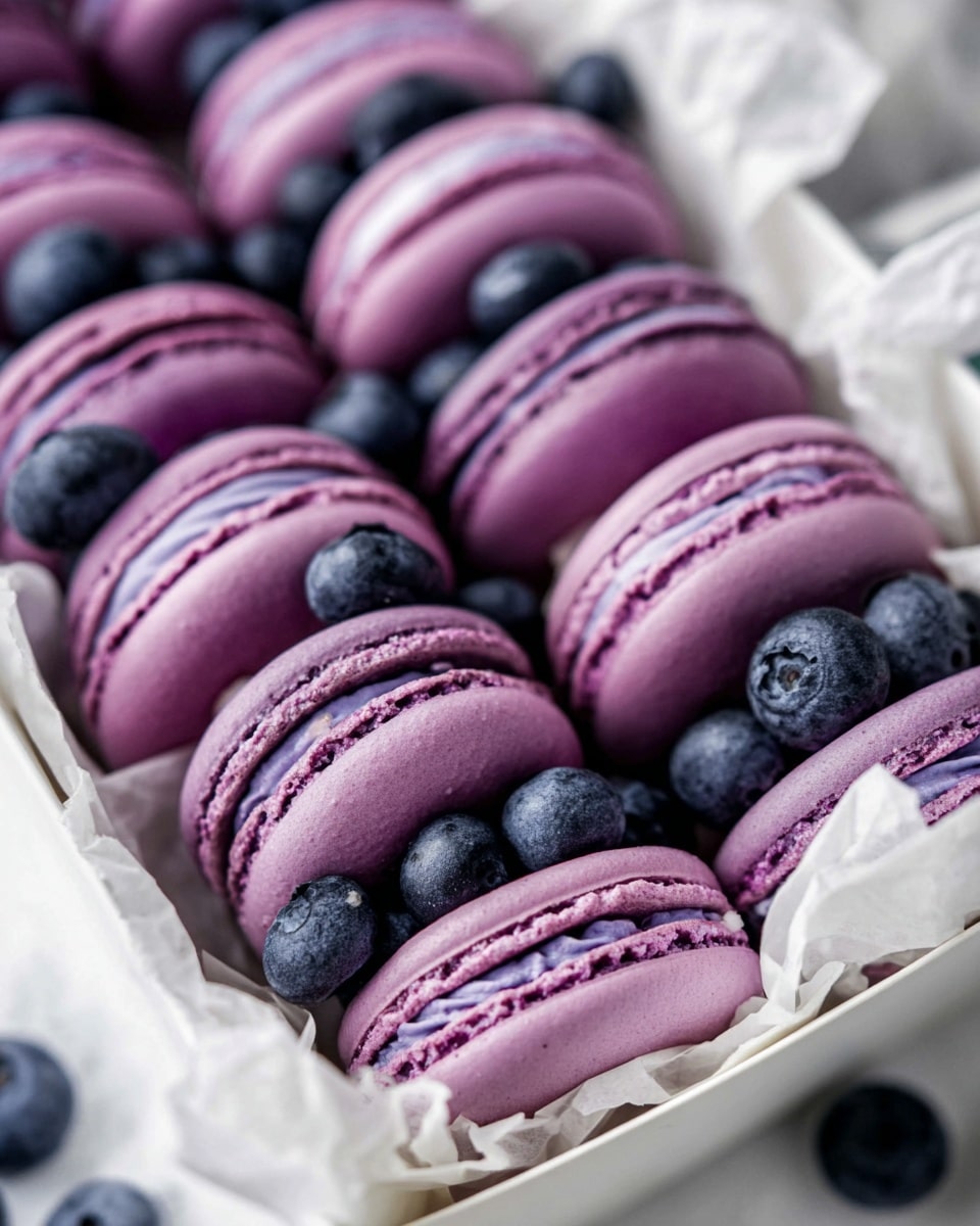 The image shows a close-up of several purple macarons arranged neatly in rows inside a white box lined with crumpled white paper. Each macaron has two smooth, slightly rounded shells with a textured edge, sandwiching a rich, swirled purple cream filling. Scattered amongst the macarons are fresh blueberries, adding a deep blue contrast to the soft purple treats. The background is a white marbled surface with a few more blueberries softly out of focus in the distance, making the colors pop. photo taken with an iphone --ar 4:5 --v 7