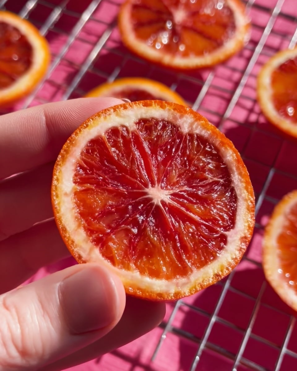 A woman's hand is holding a single round slice of bright red blood orange with a glowing, shiny, translucent texture. The fruit slice has a thin orange rind around the edges and visible segments radiating from the center. In the background, there are more similar slices drying on a metal rack, with a deep pink surface beneath. The image is sharp with good lighting highlighting the juicy texture of the orange slices. Photo taken with an iphone --ar 4:5 --v 7