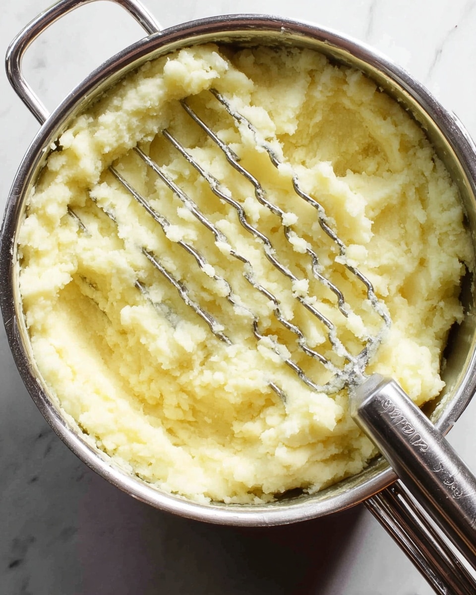 A close-up view of a silver pot filled with mashed yellowish-white potatoes, showing soft, fluffy texture in uneven clumps. Part of a metal potato masher with a curved zigzag pattern is pressed into the mashed potatoes, creating parallel lines. The pot sits on a shiny metal rack, all placed over a white marbled surface. Photo taken with an iphone --ar 4:5 --v 7