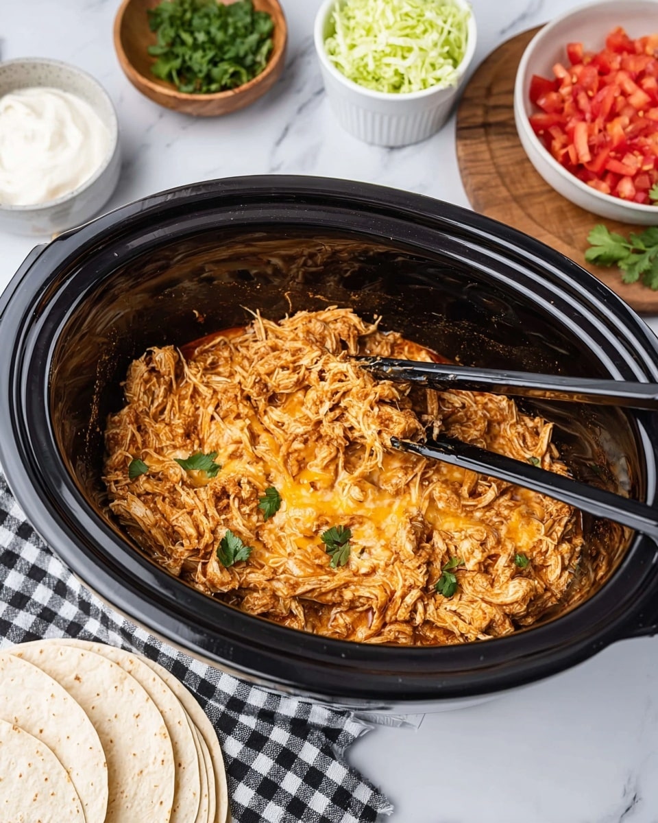 A dark slow cooker filled with one thick layer of shredded cooked chicken mixed with melted cheese and sauce, showing orange and yellow colors with a soft texture and some browned spots on top. Black tongs rest inside the cooker. Around it on a white marbled surface, there is a white cup of sour cream on the left, a small wooden bowl of green herbs above it, a wooden board topped with shredded lettuce and a white bowl of chopped red tomatoes on the right, and near the bottom right, a stack of white tortillas. A black and white checkered cloth is placed beside the cooker. photo taken with an iphone --ar 4:5 --v 7