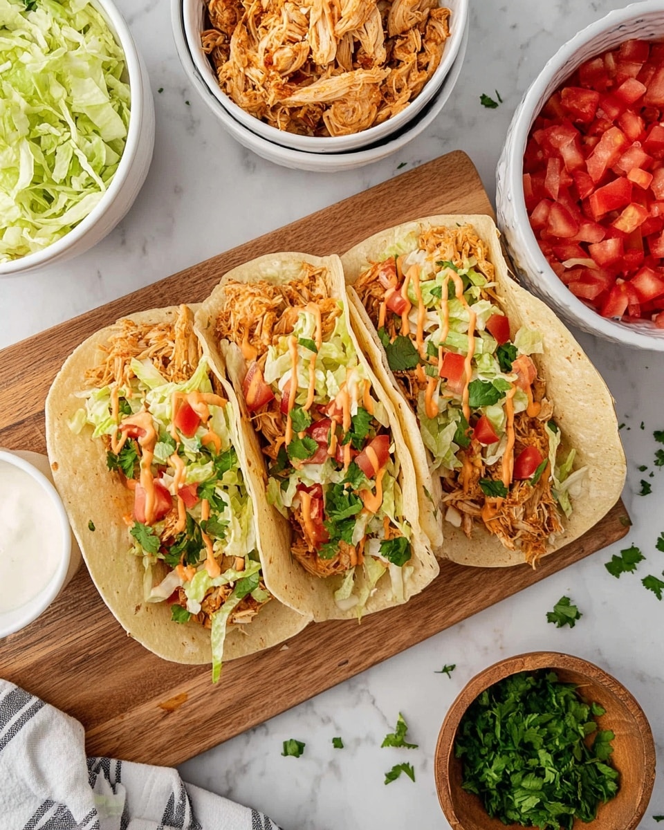 Three soft tortillas are placed side by side on a wooden board, each filled with shredded light brown chicken mixed with bright red tomato pieces and small green lettuce strips, topped with a drizzle of orange sauce and sprinkled with fresh green cilantro. To the left of the tacos, a white bowl is filled with shredded pale green lettuce, and to the right, another white bowl holds bright red chopped tomatoes. In the background, a white bowl contains more shredded chicken, and a small striped white bowl has white sauce. A small wooden bowl with chopped green cilantro sits in the lower right corner on a white marbled surface. photo taken with an iphone --ar 4:5 --v 7
