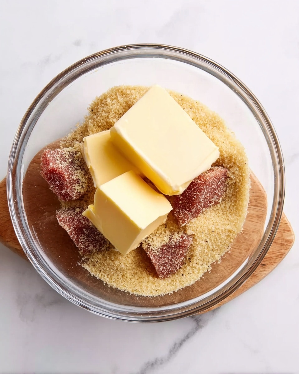 A clear glass bowl sits on a white marbled surface, containing multiple layers of ingredients. At the bottom is a layer of light brown granulated sugar. On top of this are several small rectangular pieces of reddish-brown colored food. Scattered over these pieces is more of the same light brown granulated sugar. Finally, four square blocks of pale yellow butter rest on top of the sugar. The texture of the butter is smooth and creamy, contrasting with the granular sugar and solid pieces beneath. Photo taken with an iphone --ar 4:5 --v 7