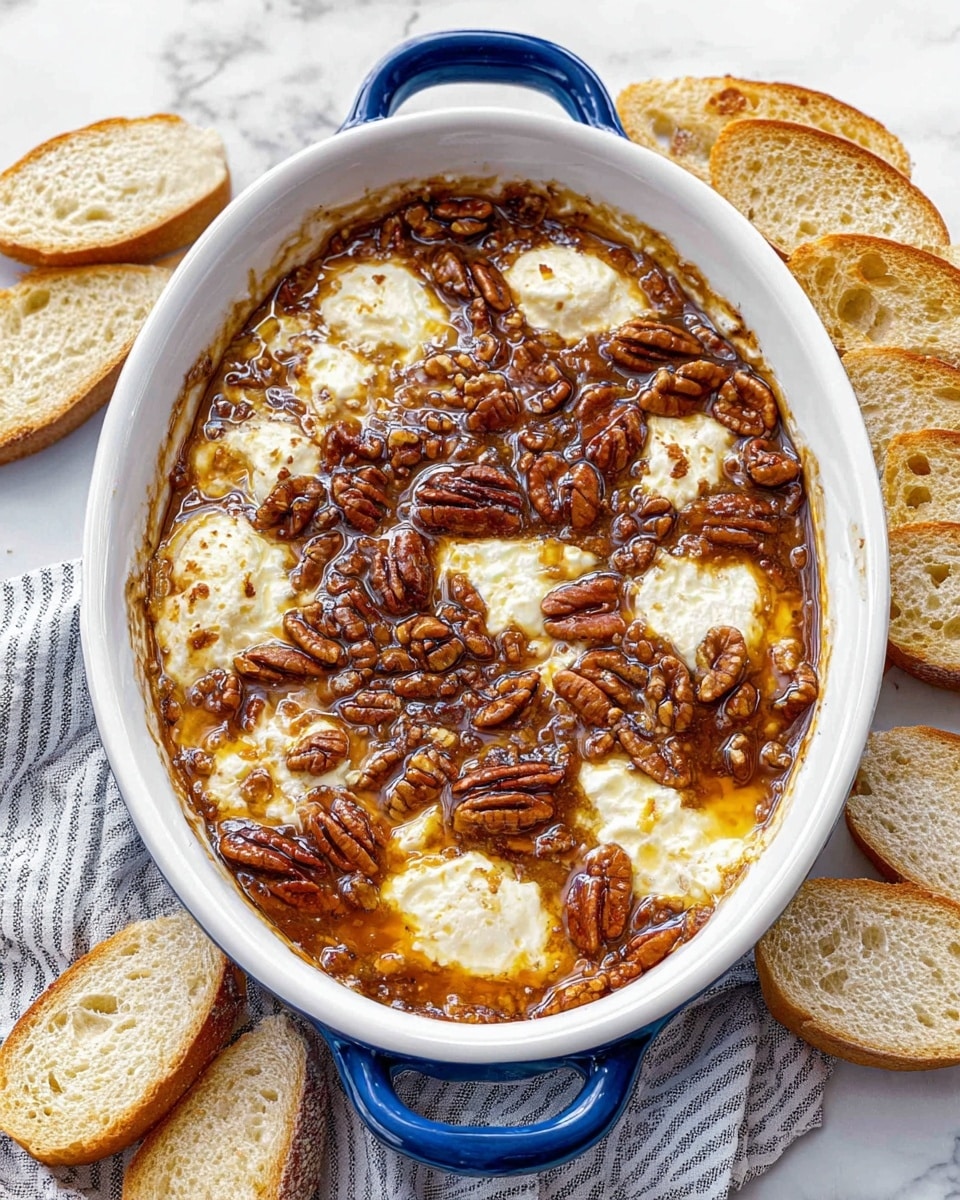 This image shows a white oval baking dish with a blue handle, filled with a baked dish layered with melted creamy white cheese scattered unevenly across the surface, covered by a golden brown syrupy sauce that creates a glossy texture, and topped with whole toasted pecans that add a rich dark brown color spread all over. Around the baking dish, there are slices of light golden toasted bread arranged loosely on a white marbled surface, with a striped gray and white cloth partly visible under the dish. Photo taken with an iphone --ar 4:5 --v 7