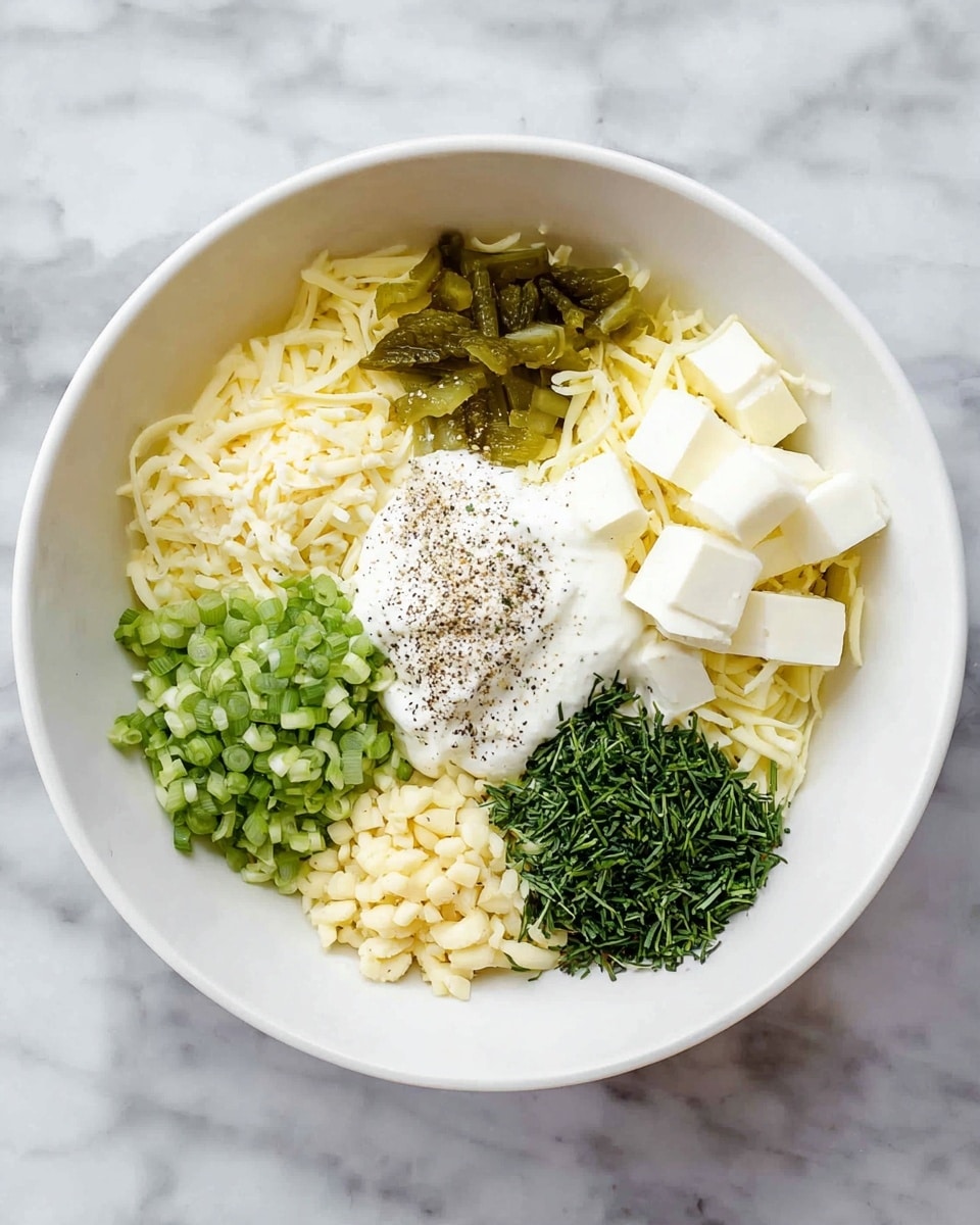 A white bowl sits on a white marbled surface, filled with several layers of ingredients arranged in sections. At the base, there is shredded pale yellow cheese forming the bottom layer. On the right side, white cream cheese is cut into small blocks. Next to the cream cheese, there is a pile of finely chopped light green pickles. Above the pickles, a cluster of bright green sliced scallions adds a fresh touch. Near the center, there is a dollop of white sour cream. Black pepper and white salt are sprinkled on top of the sour cream. To the left, finely chopped beige garlic pieces are stacked, and below that, a mound of chopped dark green chives completes the colorful arrangement. photo taken with an iphone --ar 4:5 --v 7
