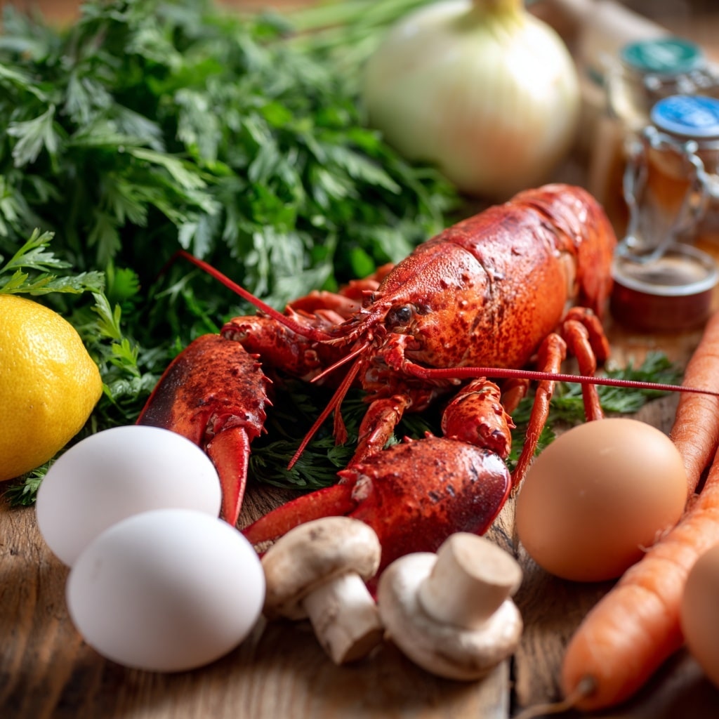 The image shows a raw lobster placed in the center on a wooden surface surrounded by fresh ingredients. There is one carrot at the bottom, three white mushrooms to the right, two brown eggs near the mushrooms, and a lemon on the far left. In the background, there is a bunch of green leafy herbs, a white onion, and some kitchen items. The scene has a natural light giving a fresh and crisp look. Photo taken with an iphone --ar 4:5 --v 7