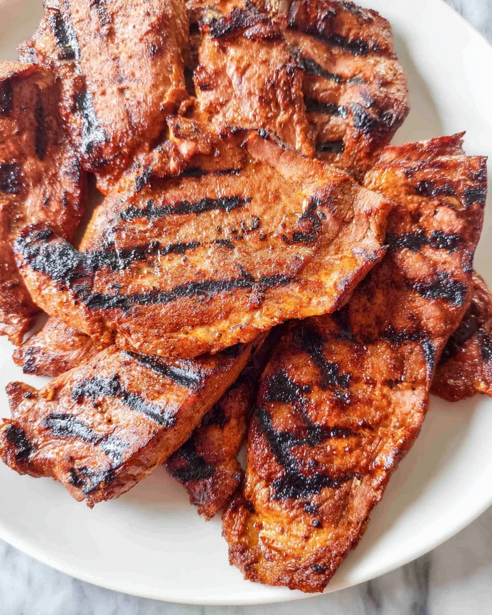 The image shows several pieces of grilled meat stacked closely together on a white plate. The meat has a reddish-brown color with visible charred grill lines and some black spots from the cooking process. The texture looks slightly rough with various thicknesses across pieces, showing a mix of flat and slightly curved shapes. The background includes a white marbled surface underneath the plate. photo taken with an iphone --ar 4:5 --v 7