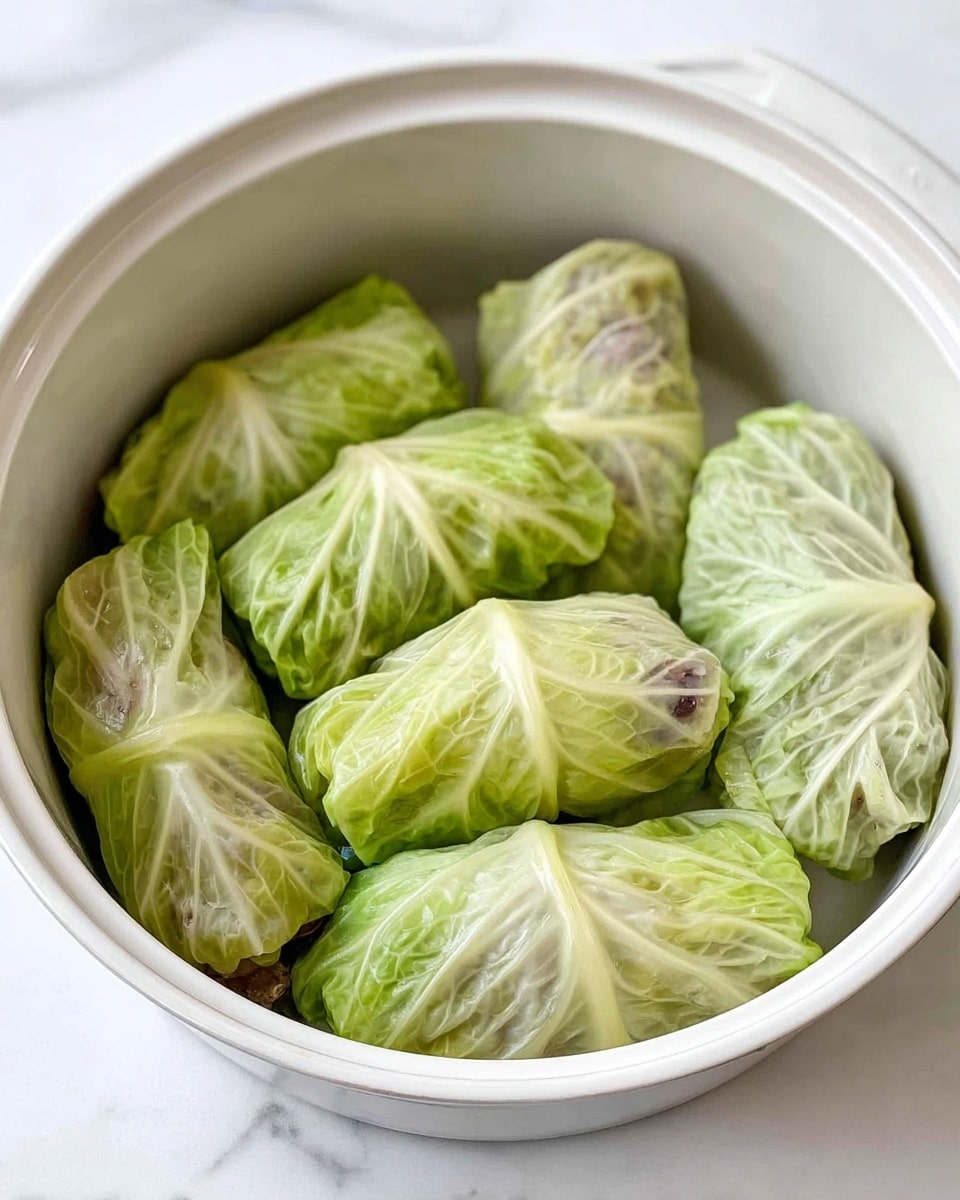 A white pot filled with nine cabbage rolls wrapped tightly in light green cabbage leaves, showing faint veins and a slightly soft texture. The cabbage rolls are arranged closely, some stacked on top of others, and each roll reveals a darker filling peeking through the thin leaves. The pot sits on a white marbled surface, highlighting the fresh and simple look of the dish. Photo taken with an iphone --ar 4:5 --v 7
