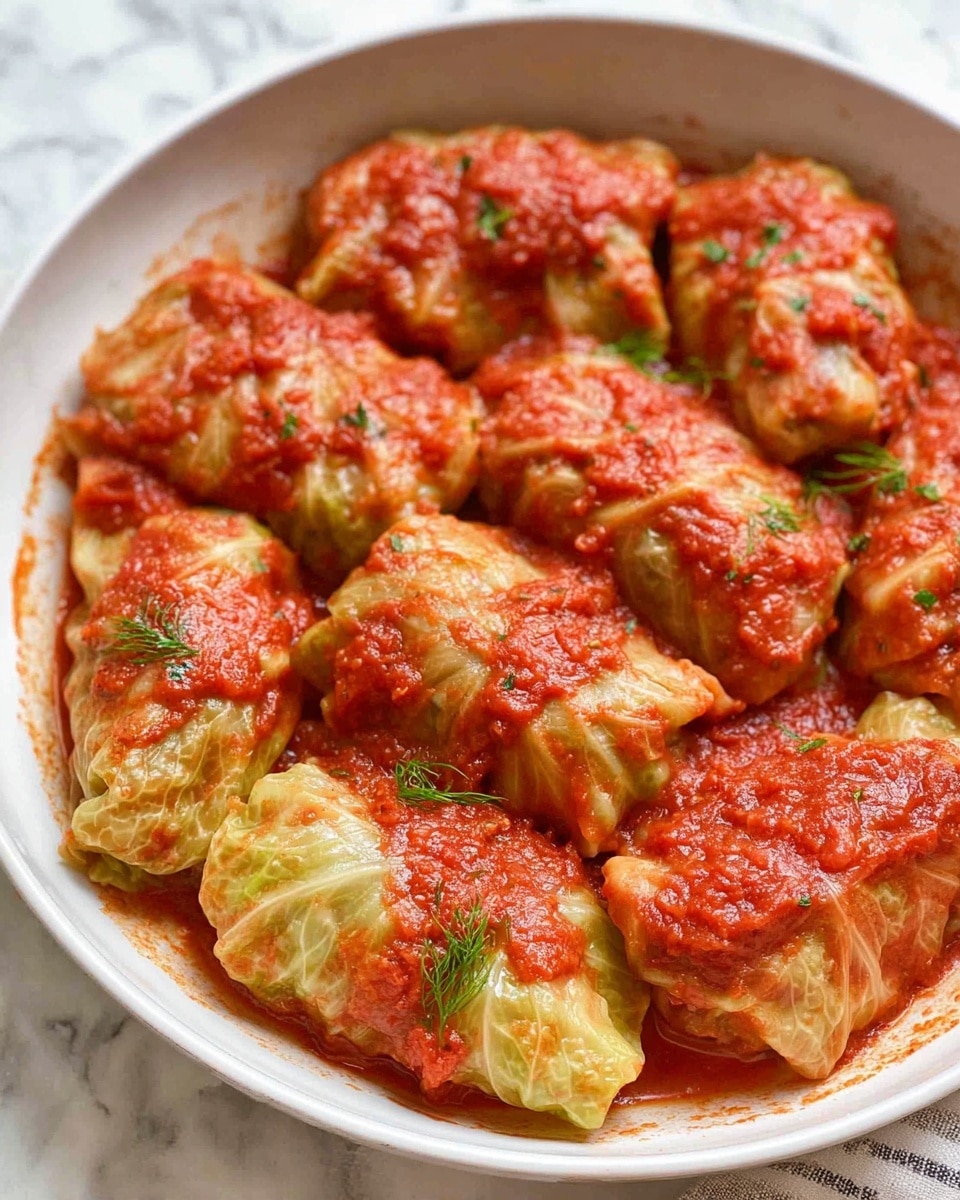 The image shows a white bowl filled with about ten rolled cabbage leaves packed closely together, each covered with a chunky red tomato sauce. The cabbage rolls have a pale yellow-green color with soft, slightly wrinkled textures underneath the sauce. The tomato sauce is thick and spread unevenly over each roll, with visible small bits that add texture. Small green herb leaves are sprinkled on top of the sauce for garnish. The bowl is placed on a surface with a white marbled texture. photo taken with an iphone --ar 4:5 --v 7