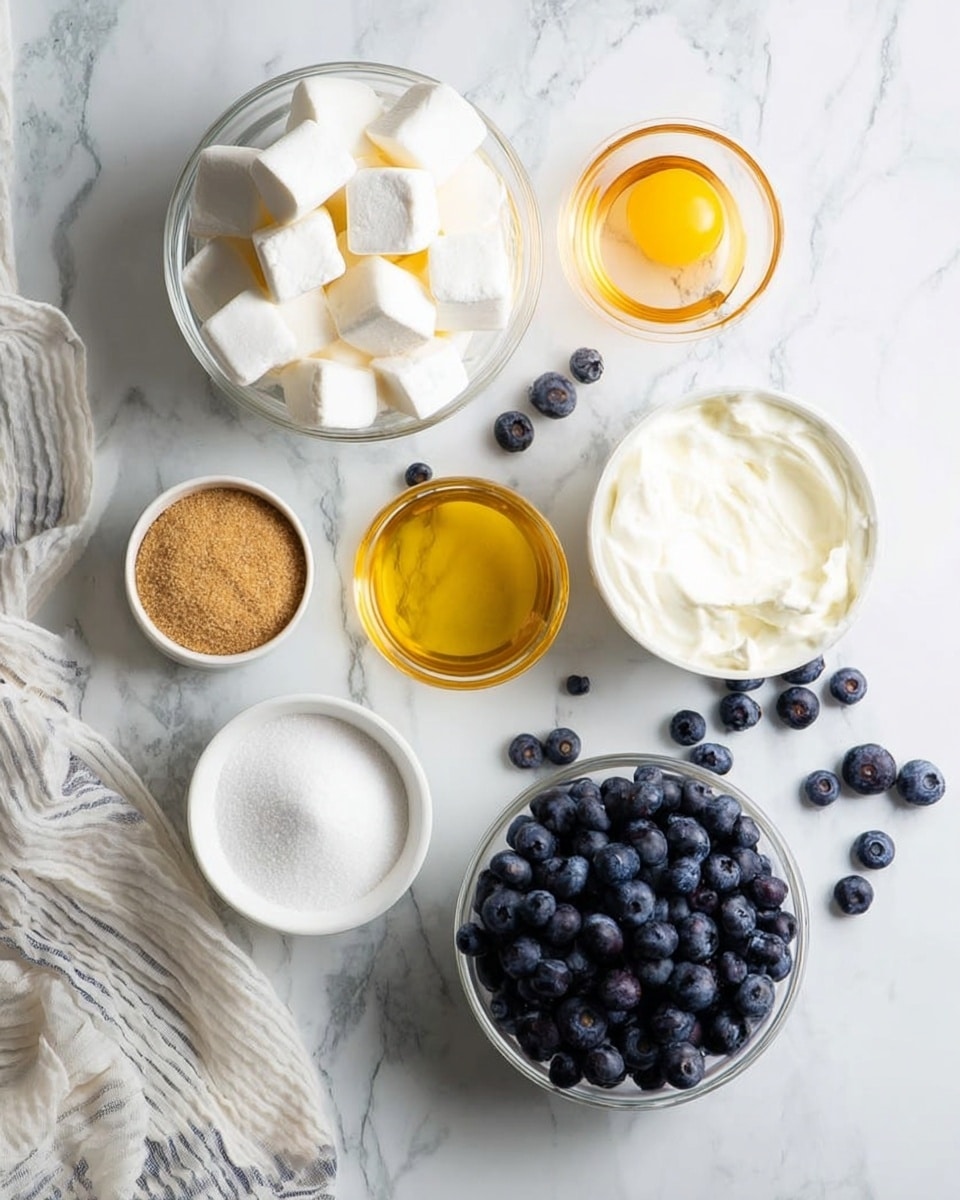 The image shows eight small white bowls arranged on a white marbled surface, each filled with different ingredients. From top center going clockwise, the first bowl is transparent and filled with white marshmallow cubes, below it a small white bowl contains a raw egg yolk with some egg white. Next is a small glass bowl with golden melted butter, below it another small glass bowl filled with dark blue fresh blueberries. At the bottom left corner, a small bowl holds light brown sugar. Above that, a white bowl contains white sugar. In the middle, a small glass bowl has white cream or yogurt. To the top right, there is another small white bowl full of fresh blueberries placed partly on a white and gray striped cloth. Some loose blueberries are scattered around the bowls. Photo taken with an iphone --ar 4:5 --v 7