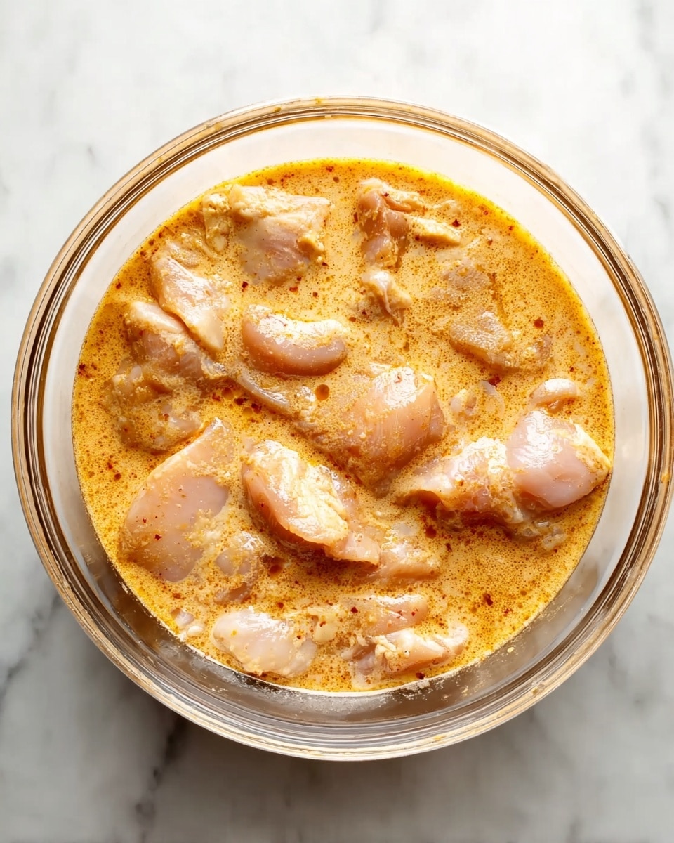 A clear round glass bowl filled with pieces of pale pink raw chicken submerged in a thick, creamy, orange-yellow sauce with visible spices floating in it, all set on a white marbled textured surface. The sauce covers the chicken pieces evenly, showing smooth and slightly glossy textures on the chicken and sauce. Photo taken with an iphone --ar 4:5 --v 7