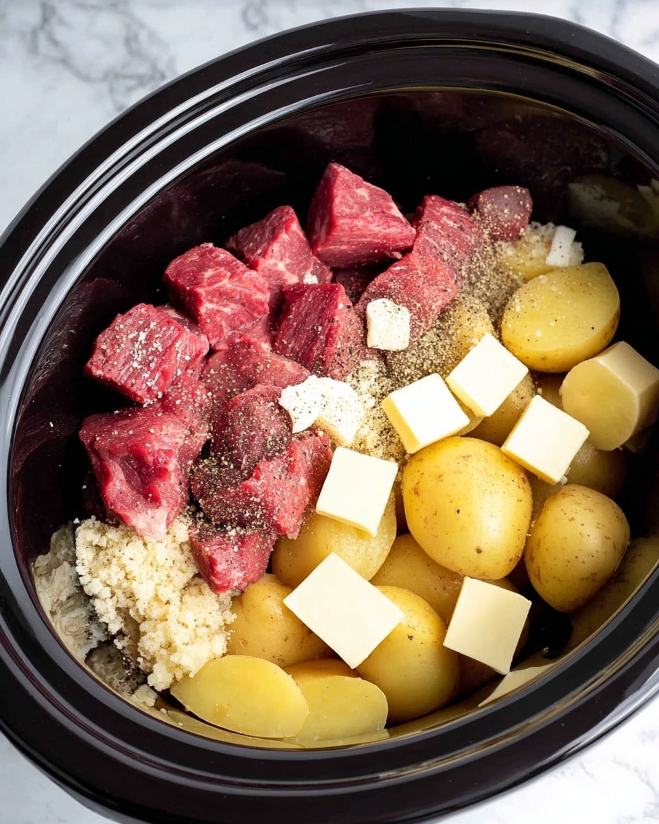 The image shows a black slow cooker filled with raw ingredients. On the left side, there are several pieces of red raw beef chunks topped with white and cracked black pepper seasoning. In the middle, there is a pile of light brown minced garlic or onion. On the right side, whole small yellow potatoes and potato halves are placed with several square pats of pale yellow butter scattered on top. The inside of the slow cooker is glossy black, and the background has a white marbled texture. photo taken with an iphone --ar 4:5 --v 7