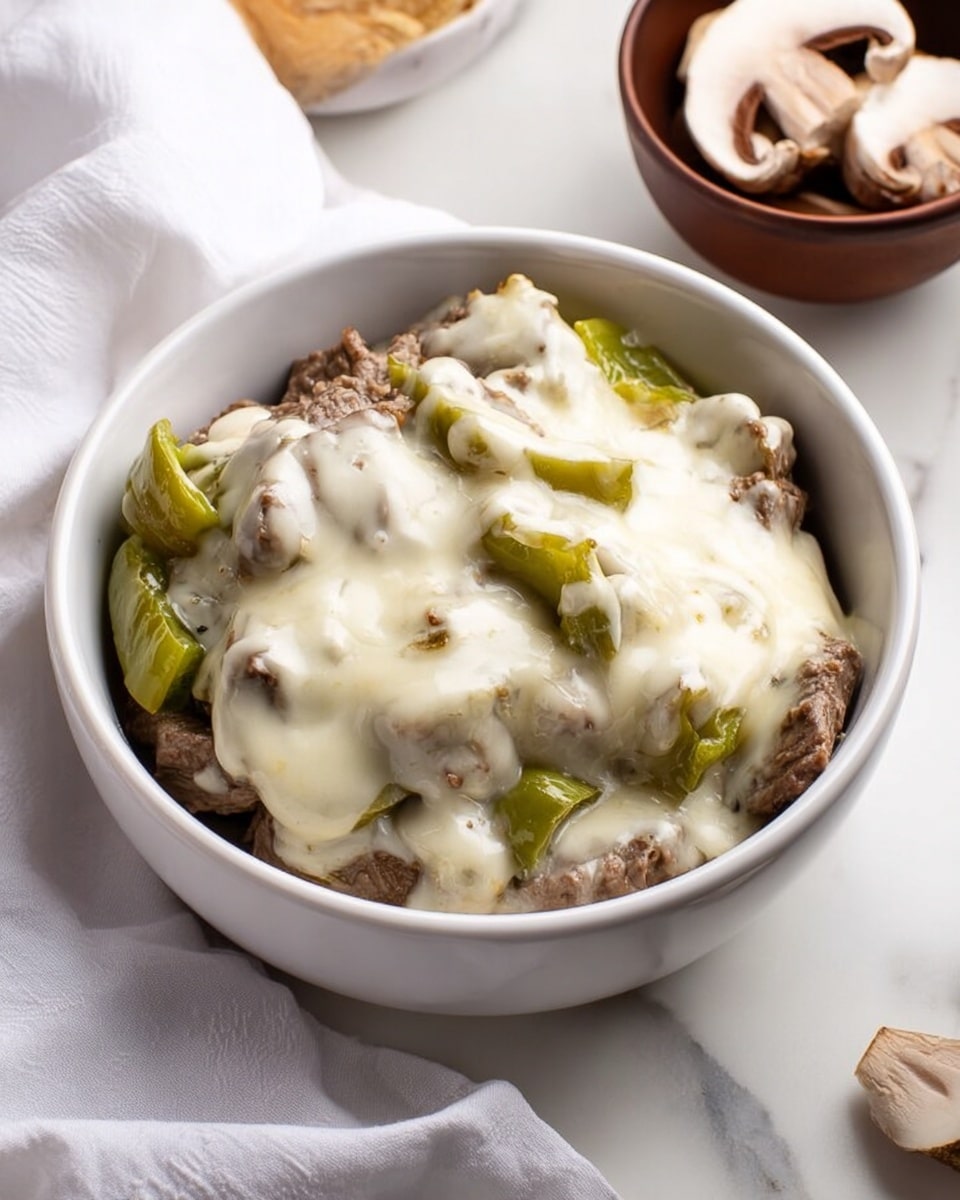 A white bowl filled with cooked brown pieces of beef at the bottom, layered with chunks of green peppers, all covered by a thick, creamy layer of melted white cheese on top, with some green pepper pieces visible through the cheese. The bowl sits on a white marbled surface with a white cloth partly wrapped around it, and there is a small brown bowl with sliced mushrooms in the background. photo taken with an iphone --ar 4:5 --v 7
