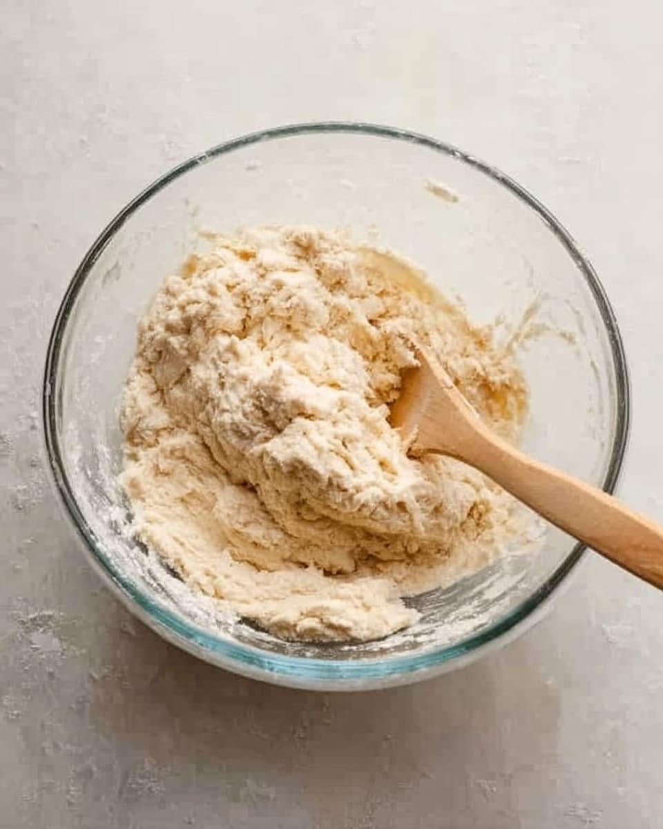 A clear glass bowl on a white marbled surface holds a soft, sticky dough with a slightly rough texture. Inside the bowl, a wooden spoon with a light-colored handle rests, partially covered by the dough, which appears pale beige and thick. The scene is bright with natural light highlighting the dough's uneven surface and the smooth glass bowl edges. photo taken with an iphone --ar 4:5 --v 7