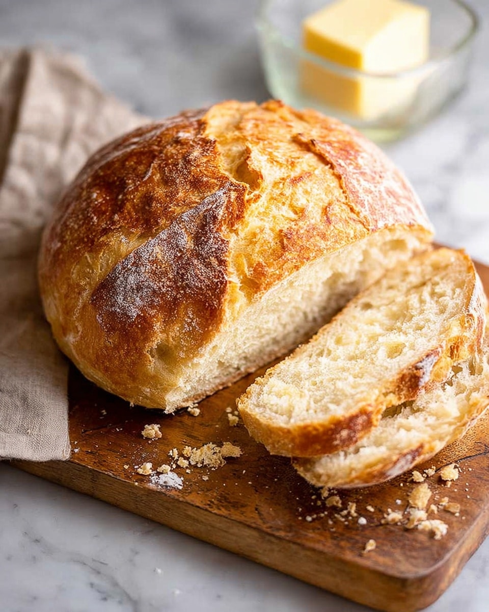 A close-up view of a round loaf of bread with a golden brown crust. The loaf has been sliced into thick pieces, revealing a soft, light beige inside with a slightly airy texture. A woman's hand is holding one slice in the foreground while the rest of the loaf sits behind it on a wooden surface. The crust looks crispy with a few darker cracks and bumps, showing a homemade style. Tiny crumbs are scattered on the wooden surface around the bread. The background is blurred, with hints of white marbled texture. photo taken with an iphone --ar 4:5 --v 7
