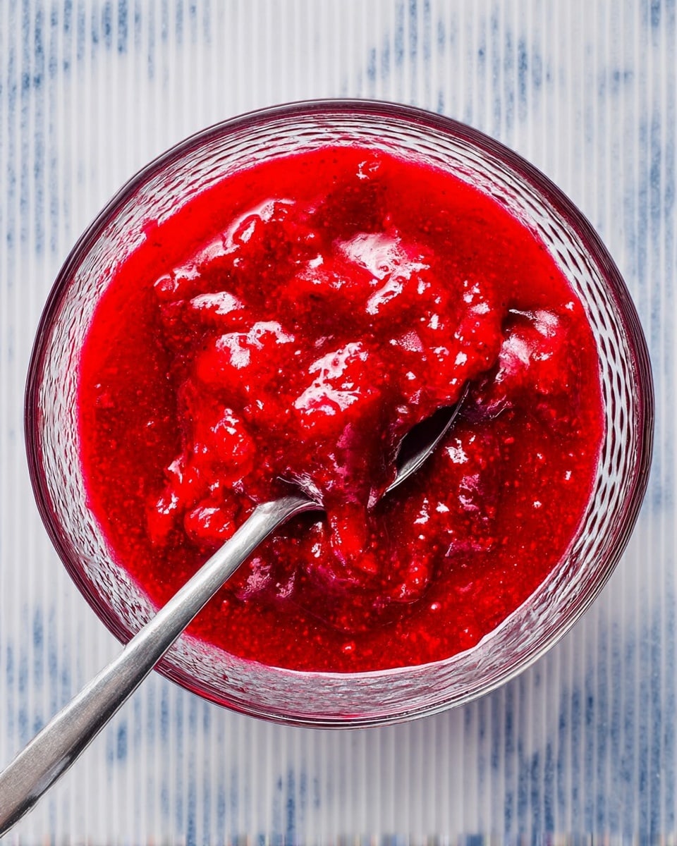 A clear glass bowl is filled with thick, bright red berry sauce that has a slightly chunky texture. The sauce covers the entire inside of the bowl with parts of it sticking to the sides. A shiny silver spoon is partially buried in the sauce, resting inside the bowl. The bowl is placed on a white marbled surface, showing contrast with the vibrant red sauce inside. Photo taken with an iphone --ar 4:5 --v 7