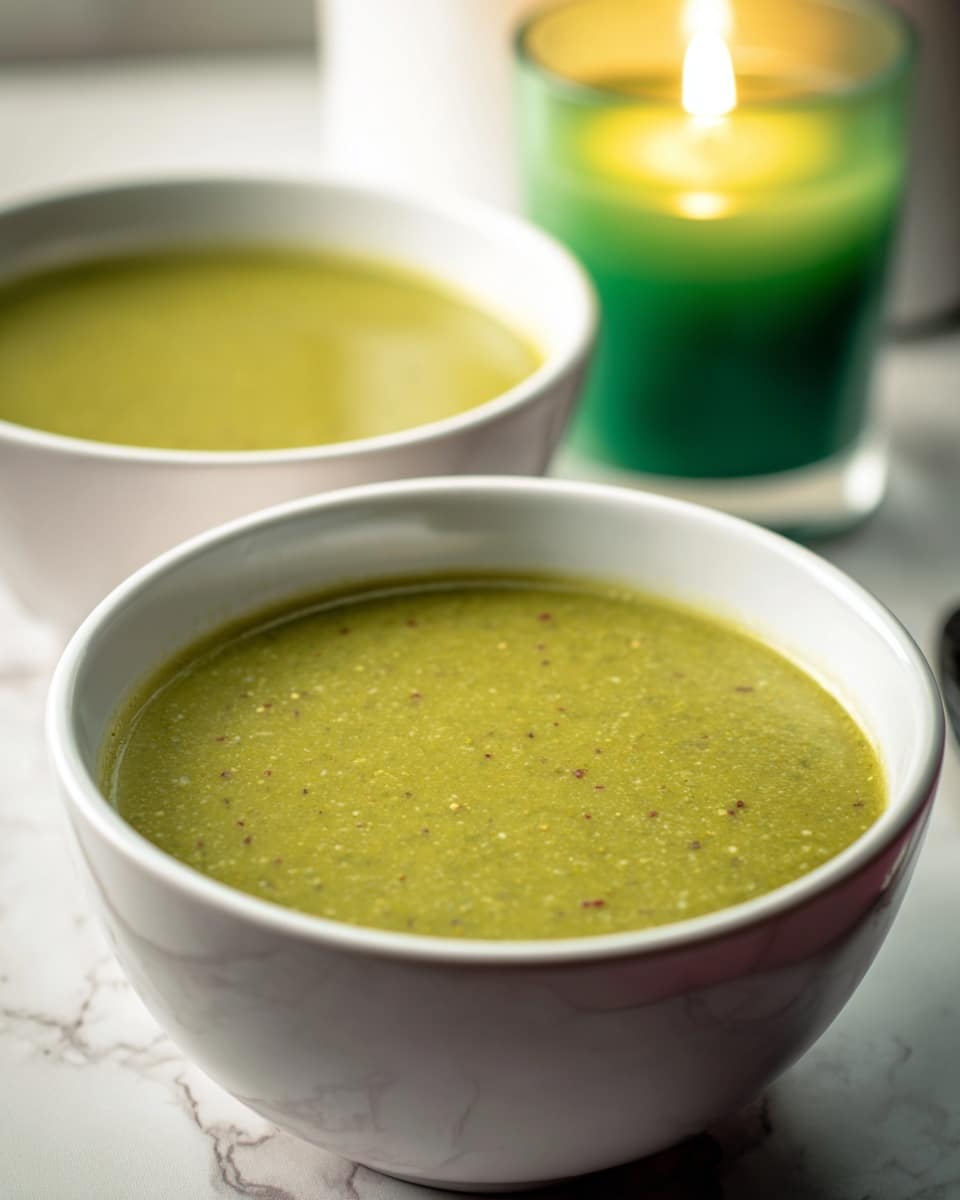 The image shows two white bowls filled with smooth green soup, with tiny darker green and yellowish specks giving it a mild texture. The soup fills the bowls almost to the brim, showing a glossy surface with small bubbles and even color throughout. Behind the bowls is a glass with a bright green lit candle, softly blurred, and the whole scene rests on a white marbled surface that highlights the bowls and candle in soft natural light. photo taken with an iphone --ar 4:5 --v 7
