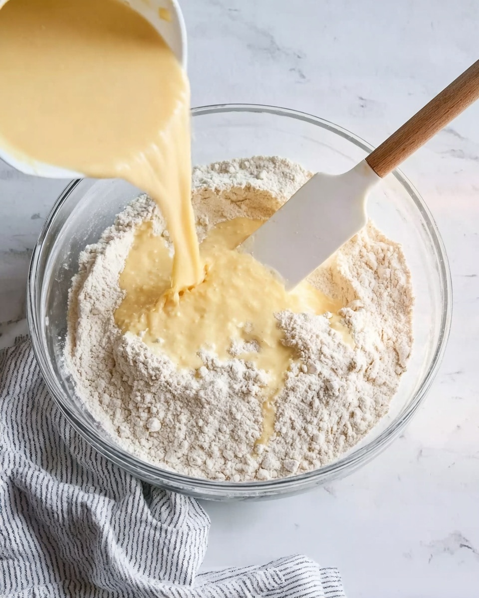 A clear glass bowl is placed on a white marbled surface with a folded grey and white striped cloth next to it. Inside the bowl, there is a layer of dry white flour with a rough, powdery texture. A layer of pale yellow batter with a smooth, creamy texture is being poured over the flour from a container, visibly falling onto the flour in a spreading motion. A white spatula with a wooden handle rests on the edge of the bowl, with the blade partly touching the flour. The scene is bright and well-lit, showing the contrast between the dry flour and wet batter. Photo taken with an iphone --ar 4:5 --v 7