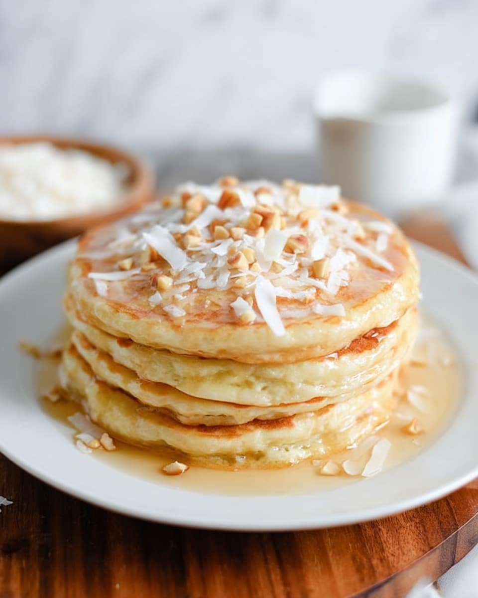 A stack of five thick pancakes sits on a white plate, each pancake light golden brown with a soft, fluffy texture. The top pancake is covered with small chunks of nuts and thin strips of white coconut, with a drizzle of light syrup that pools slightly around the edges and seeps down the layers. The plate rests on a brown wooden surface with a small bowl of white coconut flakes visible in the blurred background. The scene is set against a white marbled texture. photo taken with an iphone --ar 4:5 --v 7
