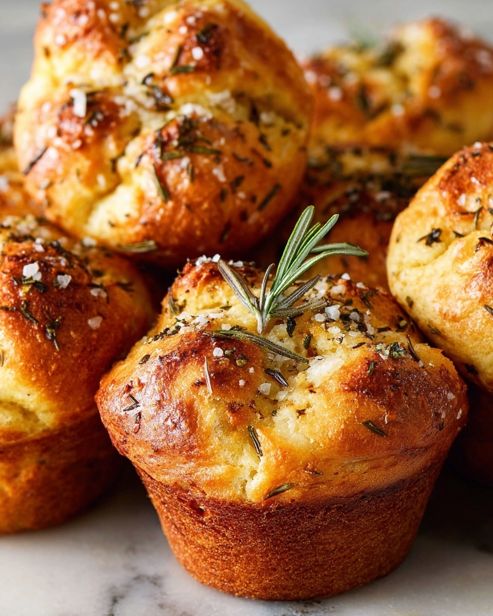 The image shows several golden brown savory muffins closely packed together. Each muffin has a rough top with uneven rises and a textured surface sprinkled heavily with coarse salt crystals and small green herb flakes, likely rosemary, adding a speckled green and white look. The muffins appear fluffy inside with a darker brown crust on the outside base, giving a contrast between the soft golden top and crisp edges. The entire scene sits on a white marbled surface that adds a clean, bright background highlighting the warm colors of the muffins. A small green rosemary sprig rests on one muffin’s top, adding a touch of freshness. Photo taken with an iphone --ar 4:5 --v 7