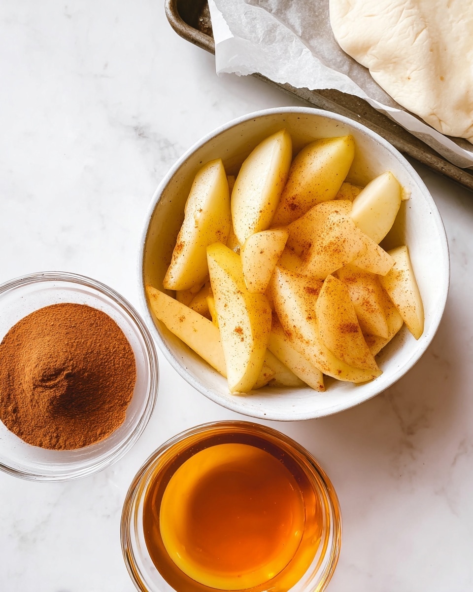 A white bowl filled with peeled pear slices, coated in a light yellow sauce with visible cinnamon specks, sits on a white marbled surface. Next to the bowl, there is a small clear glass bowl filled with ground cinnamon, showing a smooth, powdery rust-brown texture. Beside it is another clear glass bowl with a bright amber liquid, likely honey or syrup. In the top corner, a white dough or pastry piece rests on a baking tray lined with parchment paper. photo taken with an iphone --ar 4:5 --v 7