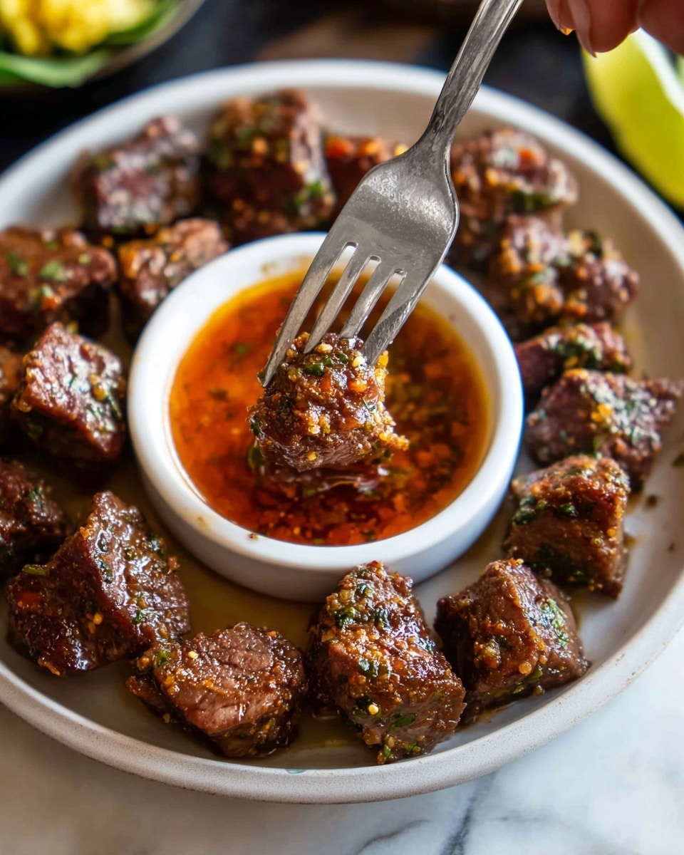 The image shows small pieces of cooked meat covered in a sauce with visible herbs and spices, arranged in a circle on a white plate. In the center of the plate sits a small round white cup filled with a reddish-brown dipping sauce. A woman’s hand holds a fork dipping one piece of meat into the sauce. The background is a white marbled surface with some blurred green and yellow shapes. The meat looks juicy and seasoned, with a slightly shiny texture. Photo taken with an iphone --ar 4:5 --v 7