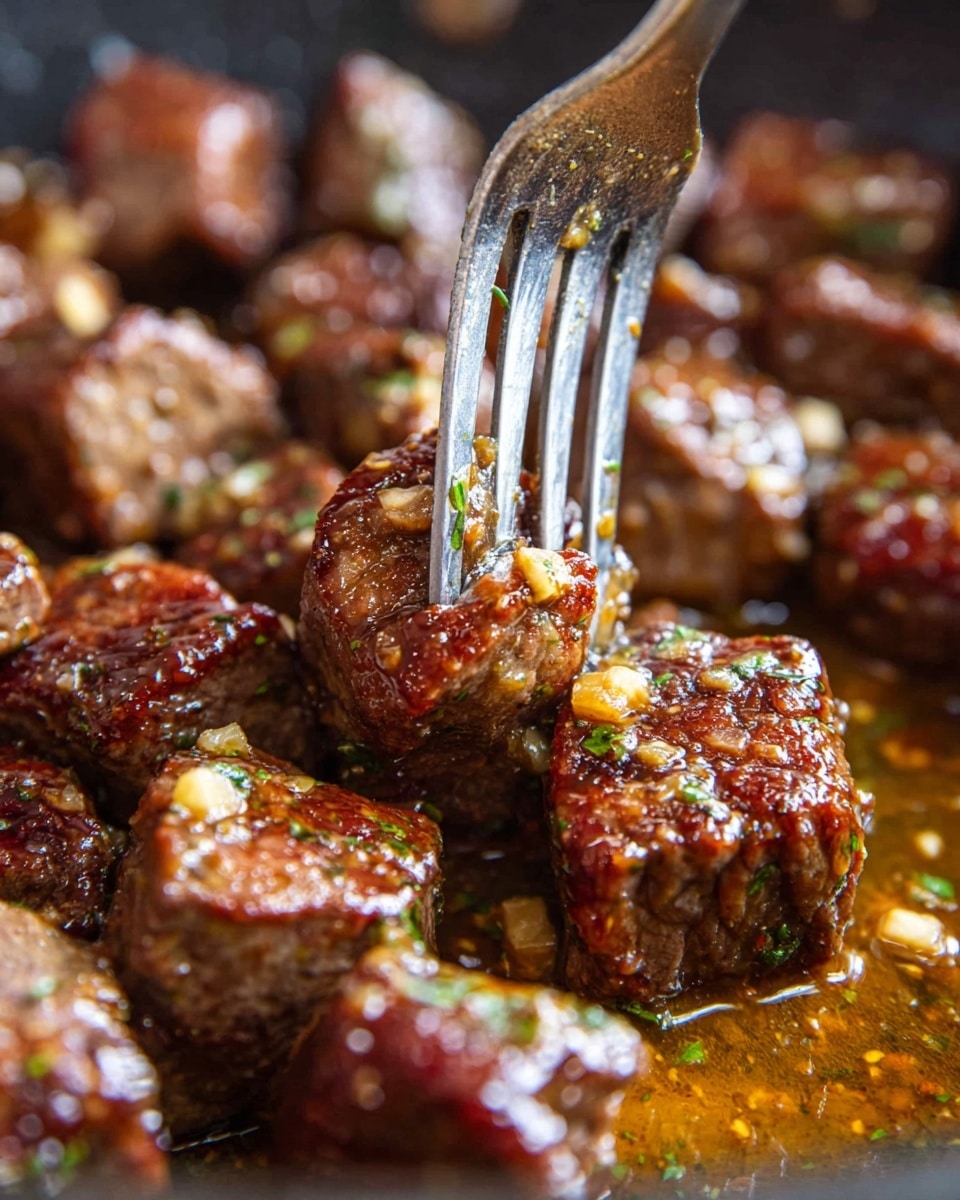 The image shows many small, browned meat cubes with a shiny, sticky sauce covered in bits of chopped garlic and herbs, all sitting together closely in a pan. A silver fork with three prongs is stuck into one of the meat cubes in the center. The sauce is a warm orange-brown color, creating a glossy wet texture around the meat. The background is blurred but has a dark, soft focus, emphasizing the juicy, cooked meat cubes. The meat looks tender and well-seasoned with visible herbs and spices on the surface photo taken with an iphone --ar 4:5 --v 7