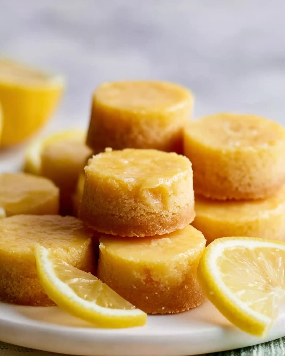 The image shows several small round yellow cakes stacked on a white plate. Each cake has two layers with a slightly darker golden layer on the bottom and a lighter yellow layer on top. The cakes have a smooth but moist texture. A few lemon wedges with bright yellow rind and juicy inside are placed around the cakes. The background is a white marbled surface with soft natural light. Photo taken with an iphone --ar 4:5 --v 7
