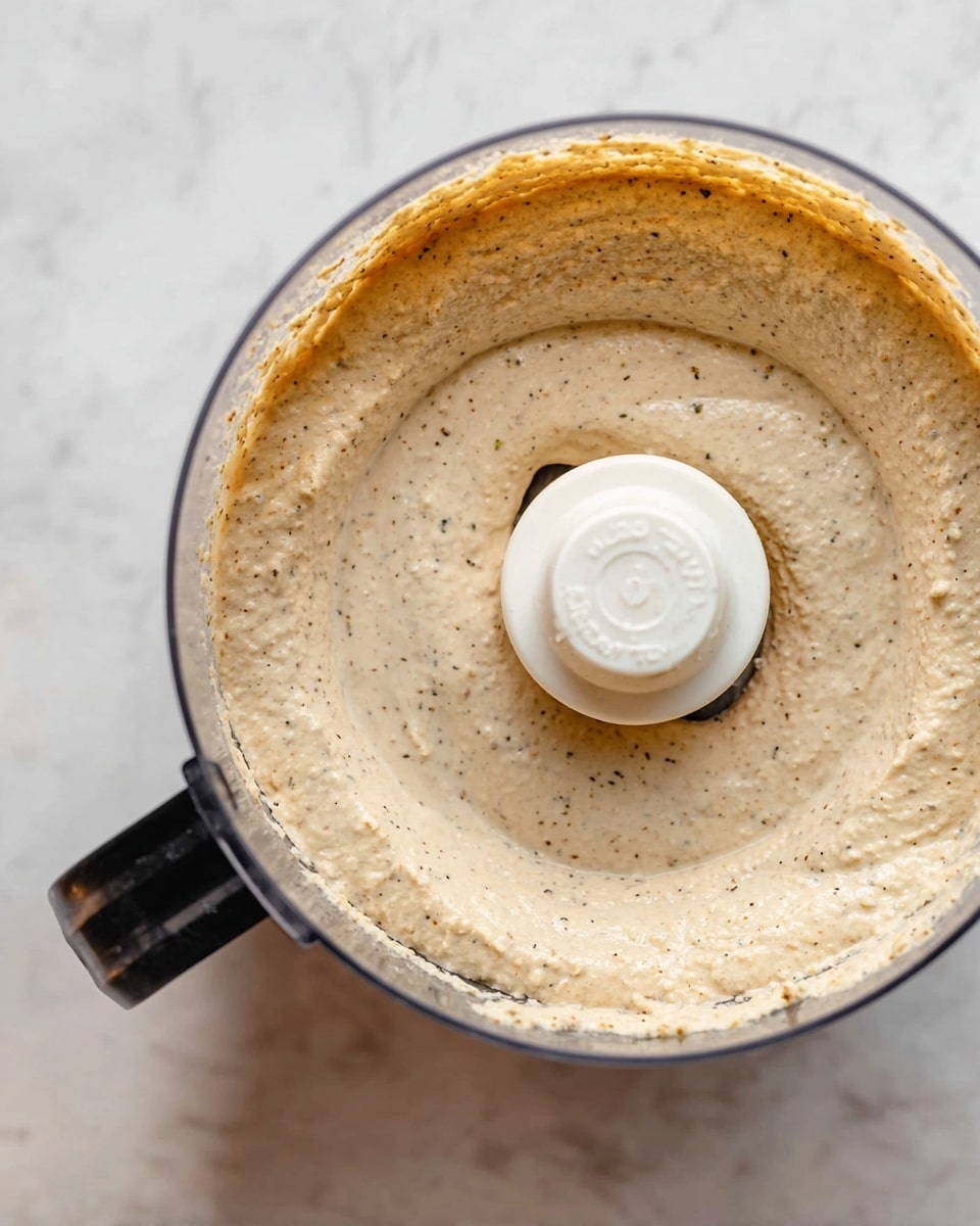 A close-up view of a food processor bowl filled with a smooth, creamy beige mixture that has small dark specks throughout. The mixture has a thick, slightly grainy texture and fills the entire bowl, which has a white central blade attachment. The food processor has a clear plastic container with a black handle, all set on a white marbled surface. photo taken with an iphone --ar 4:5 --v 7