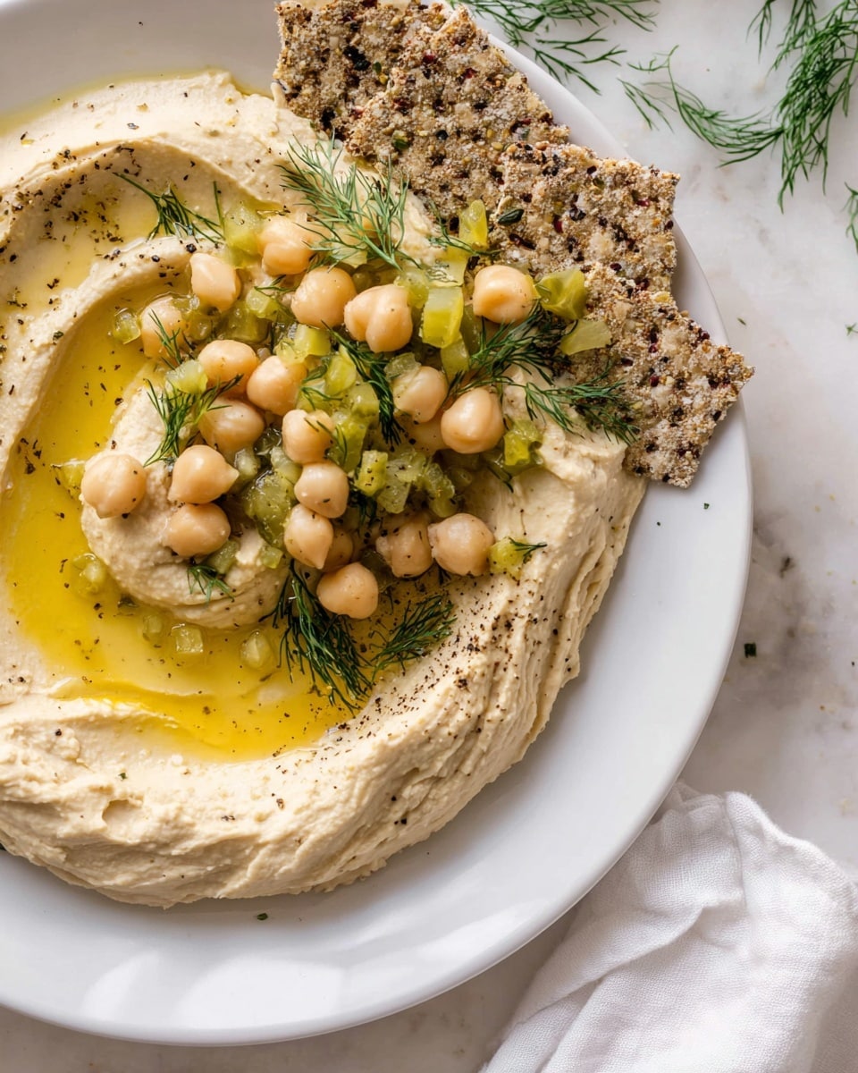 A white plate holds hummus spread in a thick, creamy layer with a smooth, wavy texture, forming a shallow well filled with golden olive oil tinted by black pepper. On top, light beige cooked chickpeas are scattered around with chopped green pickles and fine green dill sprigs. Three grainy, speckled cracker pieces with a rough texture are placed partly on the hummus at the edge of the plate. The background is a white marbled surface with some scattered dill, and a white cloth is visible at the bottom right corner. Photo taken with an iphone --ar 4:5 --v 7