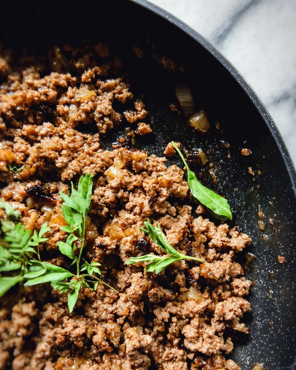 The image shows cooked ground meat in a black pan. The meat is crumbly and brown with small pieces of cooked onion mixed throughout. There are a few bright green fresh herb sprigs placed on the cooked meat, adding a pop of color. The pan surface has some shiny spots from cooking oil, and the background is a white marbled texture. photo taken with an iphone --ar 4:5 --v 7