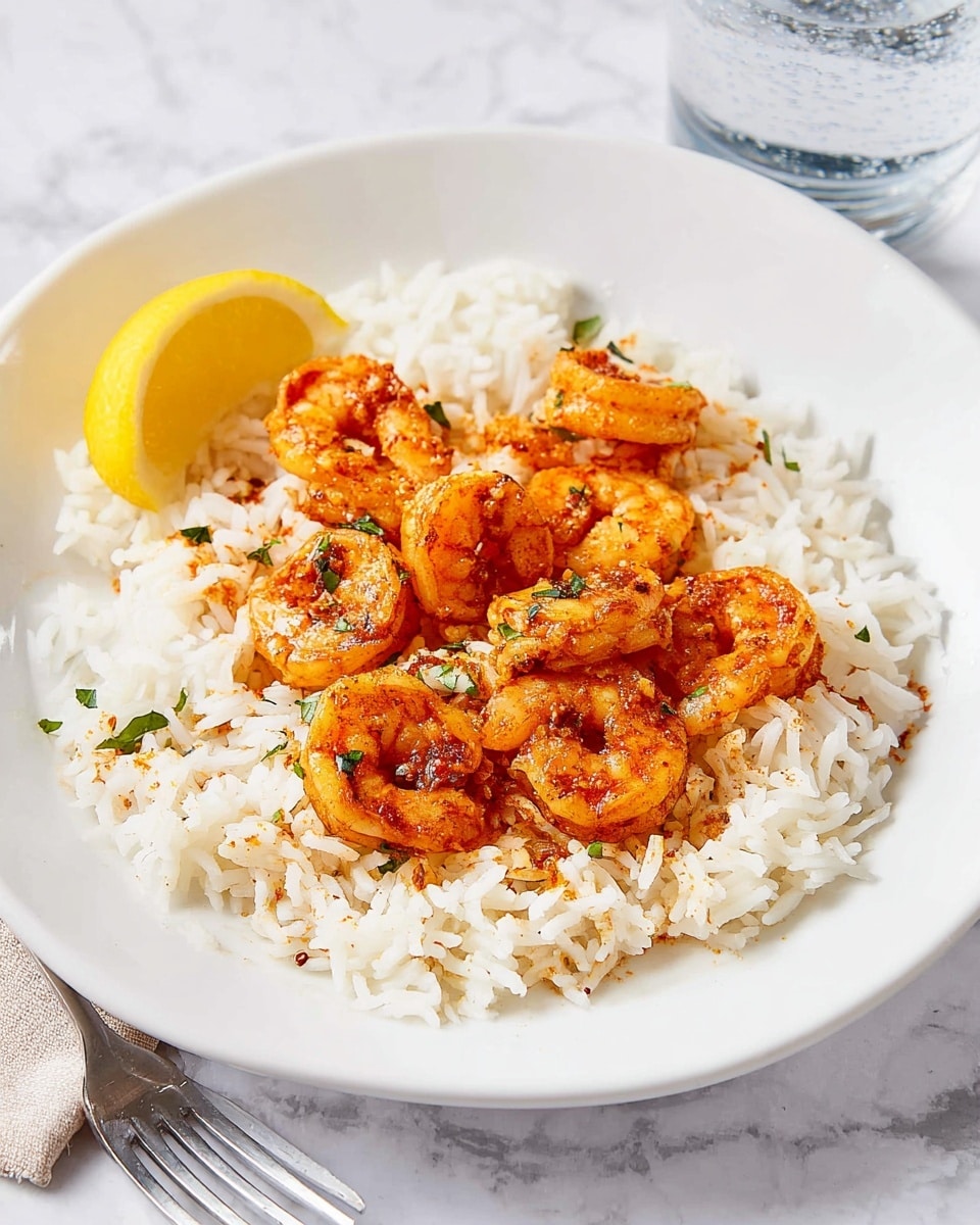On a white plate, there is a layer of cooked white rice that covers most of the plate’s center. On top of the rice, there are seven shrimp pieces that have a red-orange color from spices and small green herbs scattered on them. The shrimp look slightly shiny and cooked. At the top left edge of the plate, a small lemon wedge rests against the rice. In the lower left of the image, part of a metal fork is visible near the plate, and the background shows a white marbled surface with a glass of water at the top right. Photo taken with an iphone --ar 4:5 --v 7