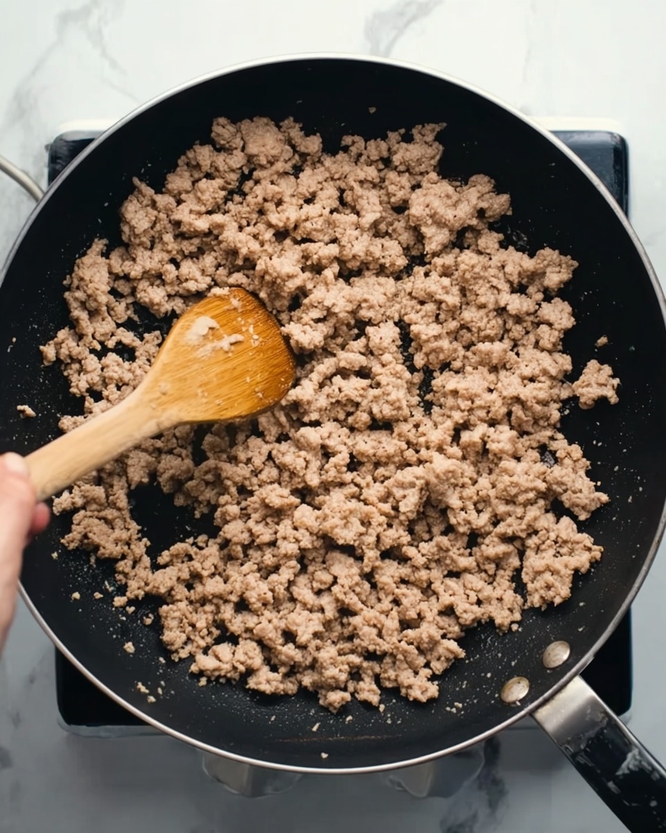 A large black frying pan filled with cooked ground meat that is light brown in color. The meat is broken into small pieces, spread across the pan evenly. A woman's hand is seen stirring the meat with a wooden spoon. The pan is on a stove with a black handle visible on the right side. The background is a white marbled surface. photo taken with an iphone --ar 4:5 --v 7