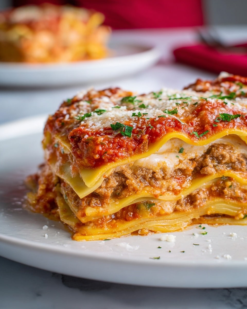 A close-up of a three-layer lasagna slice on a white plate placed on a white marbled surface, showing distinct layers of thin, yellow pasta sheets, a thick layer of light brown cooked meat mixed with cheese, and a top layer of chunky red tomato sauce sprinkled with white grated cheese and green herbs. In the background, there is another blurred slice on a similar white plate and a person in a red shirt. Photo taken with an iphone --ar 4:5 --v 7