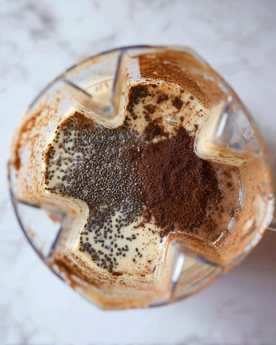 Inside a clear blender, there are three visible layers: a bottom layer of light cream-colored milk, a middle layer of dark brown powder sprinkled unevenly, and a top layer of small black chia seeds spread across the surface. The walls of the blender show splashes of the dark brown mixture, creating a textured contrast against the clear plastic. The whole scene is set against a white marbled surface. Photo taken with an iphone --ar 4:5 --v 7