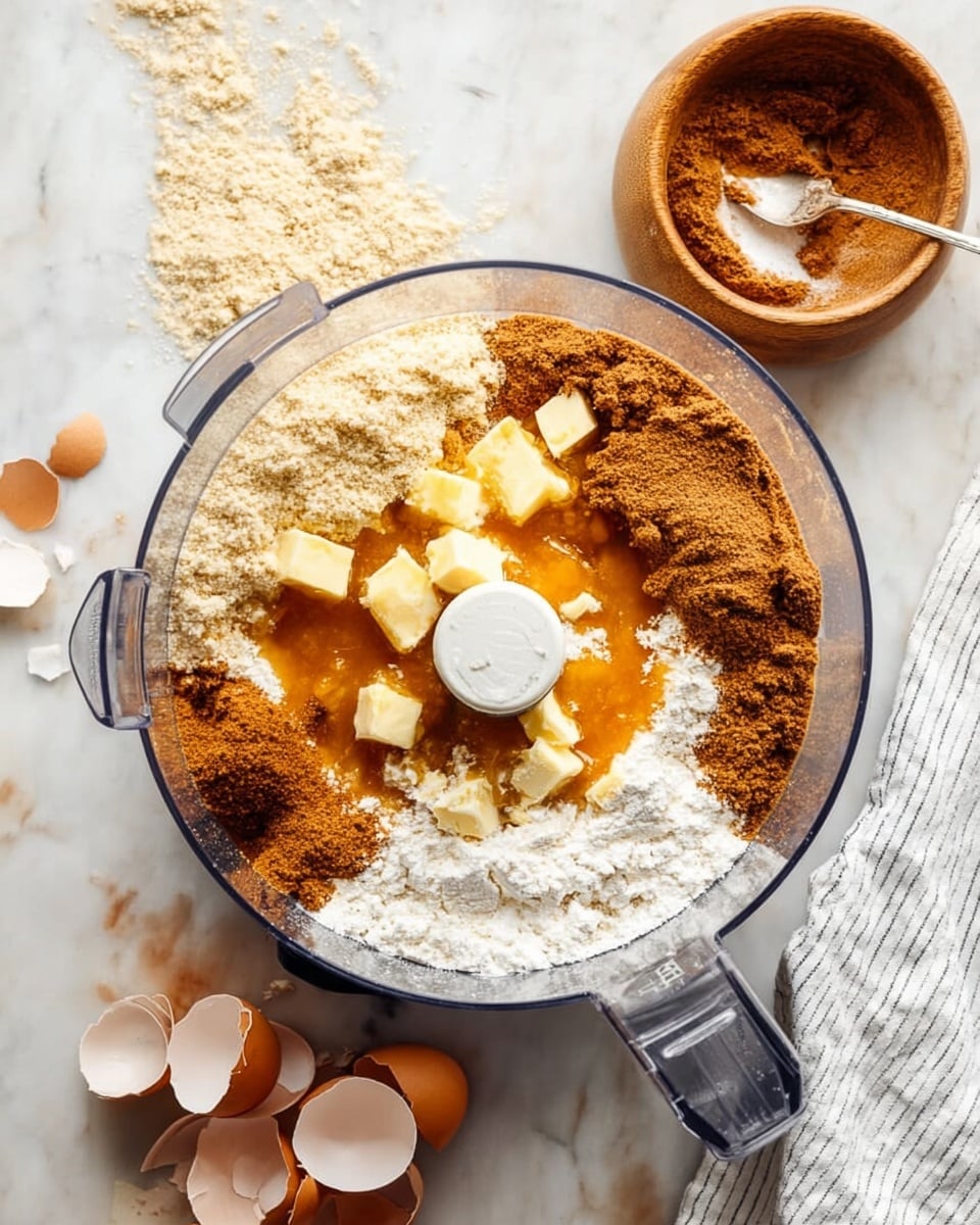 The image shows a clear round food processor bowl filled with different baking ingredients before mixing. On the left side, there is a light beige powder which appears to be almond flour mixed with a white powder that looks like baking powder. On the right side, there is a darker brown powder scattered over the flour. In the center, there is a glossy orange liquid, likely pumpkin puree or syrup, topped with small cubes of yellow butter. The bowl rests on a white marbled surface, next to a small round wooden bowl with more brown powder and a spoon inside. There are broken eggshells and a white cloth with navy stripes on the right side. Photo taken with an iphone --ar 4:5 --v 7