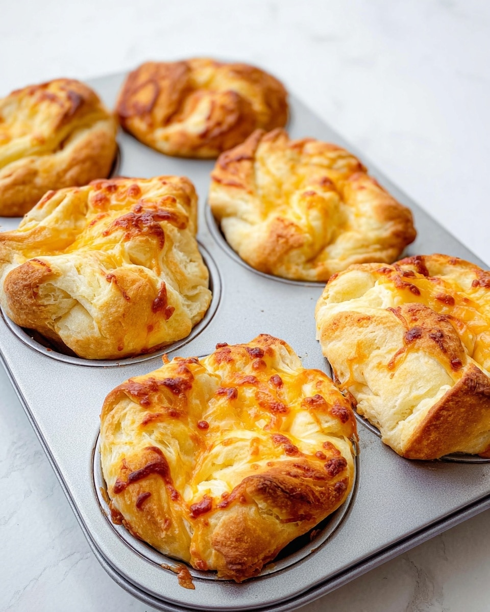 The image shows six golden-brown baked pastries in a silver muffin tray, each with a rough, folded dough texture. The pastries have an uneven surface with melted yellow cheese spots on top, giving a slightly crispy look. The dough appears soft and fluffy with some darker baked edges. The background is a white marbled texture. photo taken with an iphone --ar 4:5 --v 7