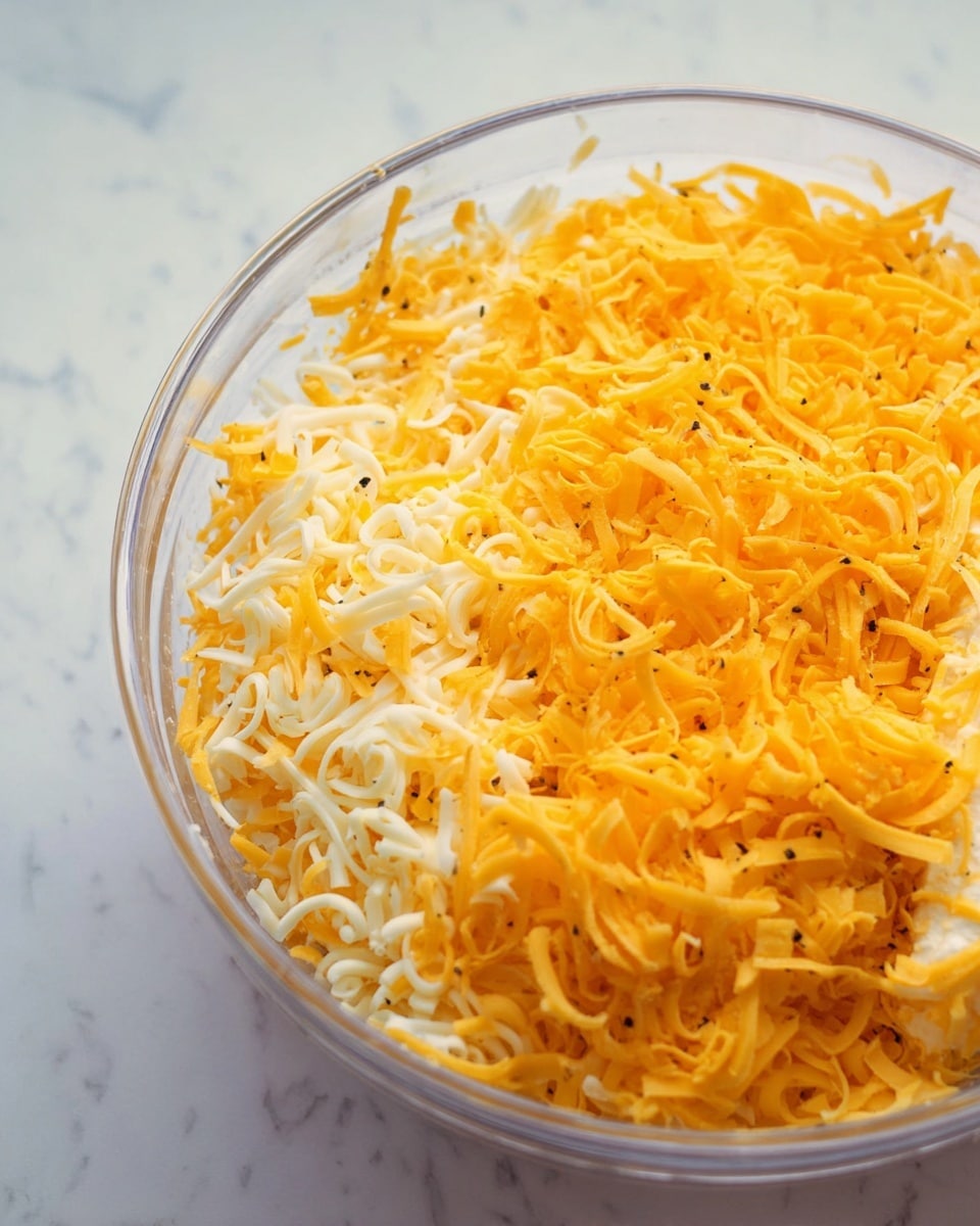 A clear bowl filled with two layers of shredded cheese, with bright orange cheddar cheese mixed with white mozzarella cheese, both having a soft, curly texture and spread evenly over each other. The bowl is clear, round, and placed on a white marbled surface. Photo taken with an iphone --ar 4:5 --v 7