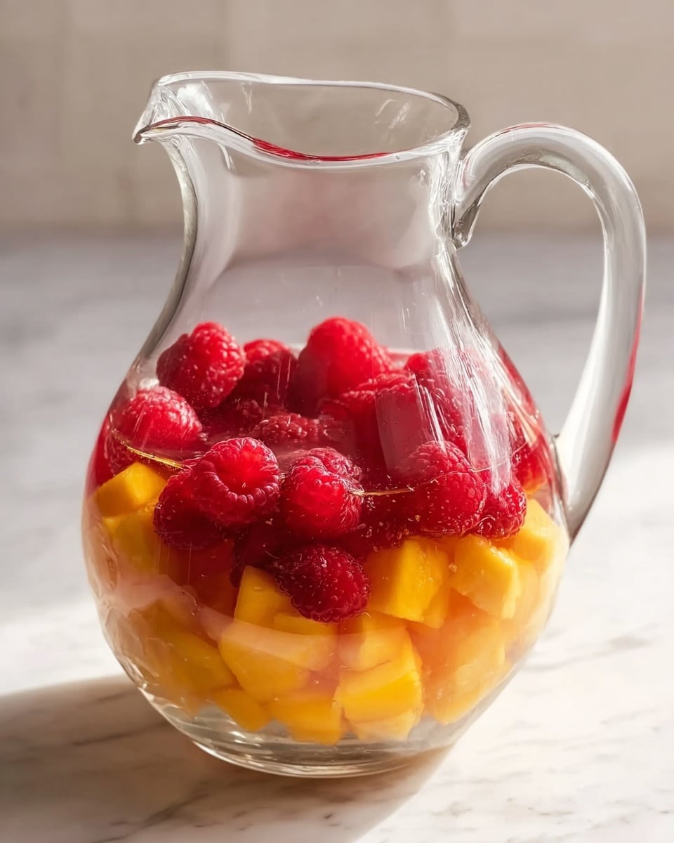 A clear glass pitcher with a rounded body and a handle shows two layers of fruit inside. The bottom layer is made of chunky yellow mango pieces, while the top layer is filled with bright red raspberries. The pitcher sits on a white marbled surface, and the light makes the fruit look fresh and colorful. photo taken with an iphone --ar 4:5 --v 7