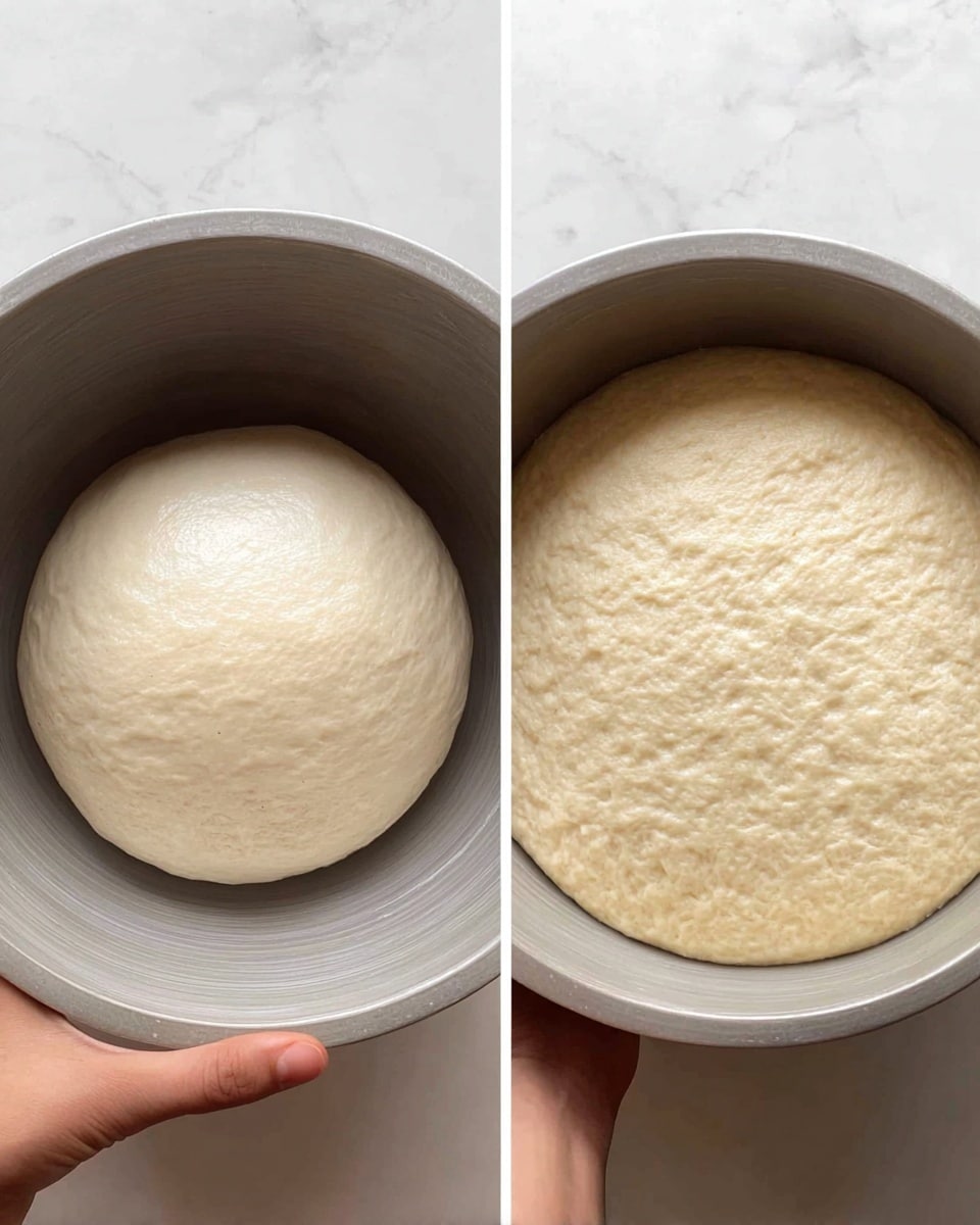 The image shows two side-by-side photos inside a silver metal bowl placed on a white marbled surface. The left photo features a small, smooth ball of dough resting at the bottom of the bowl, light beige in color with a soft texture. In the right photo, the dough has risen and expanded to fill almost the entire bottom of the bowl, looking puffier and with a smooth, slightly bumpy surface. A woman's hand is gently holding the bottom of the bowl in both photos. Photo taken with an iphone --ar 4:5 --v 7