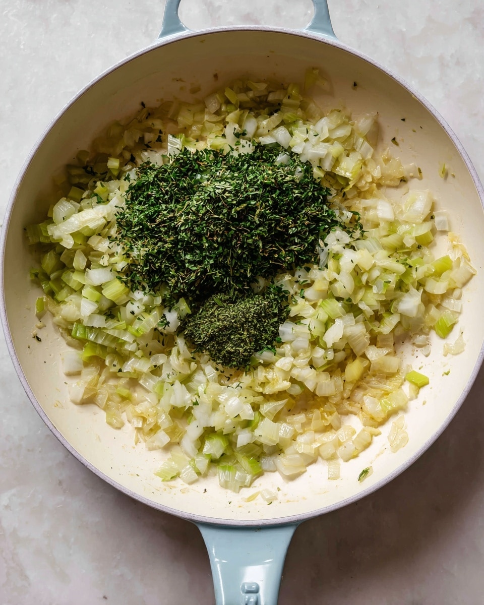 A frying pan with a white base and a light blue handle holds two main layers of food. The bottom layer is made of small, soft pieces of cooked onion and pale green celery, mixed and spread evenly across the pan. On top, there is a pile of finely chopped dark green herbs placed near the center. The surface beneath the pan is a white marbled texture. photo taken with an iphone --ar 4:5 --v 7