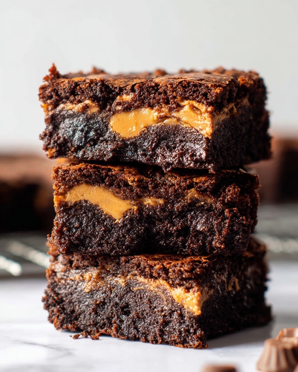 A stack of three thick, dark brown brownies is shown, each layer dense and rich with a slightly crumbly texture along the edges. Between the brownie layers, there are smooth, lighter brown swirls of peanut butter embedded within, adding contrast. The brownies are placed on a white marbled textured surface with a blurred white background, creating a clean and simple look. The close-up shot highlights the moist and fudgy inside of the brownies with the peanut butter peeking through in various spots. Photo taken with an iphone --ar 4:5 --v 7