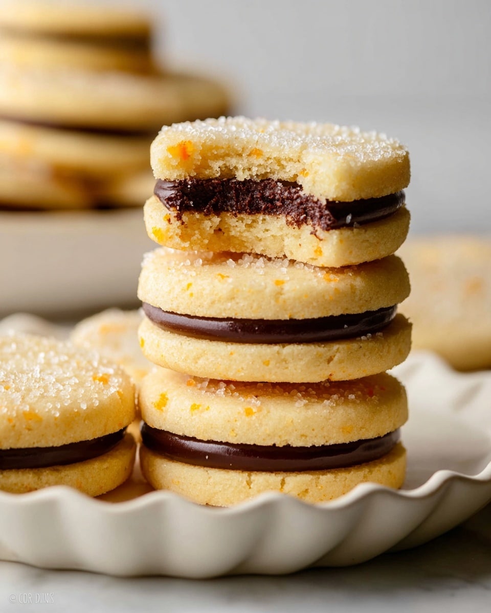 A close-up view shows a stack of four round sandwich cookies, each with a thick pale yellow outer cookie layer featuring a slightly crumbly texture and small orange specks, and a dark chocolate filling in the middle. The top cookie on the stack has a bite taken out, revealing the soft inner texture and thick chocolate center. Next to the stack are two more cookies lying flat on a white dish with a wavy rim, all placed on a white marbled surface. The top surfaces of the cookies are sprinkled with fine sugar crystals, adding a slight sparkle. photo taken with an iphone --ar 4:5 --v 7
