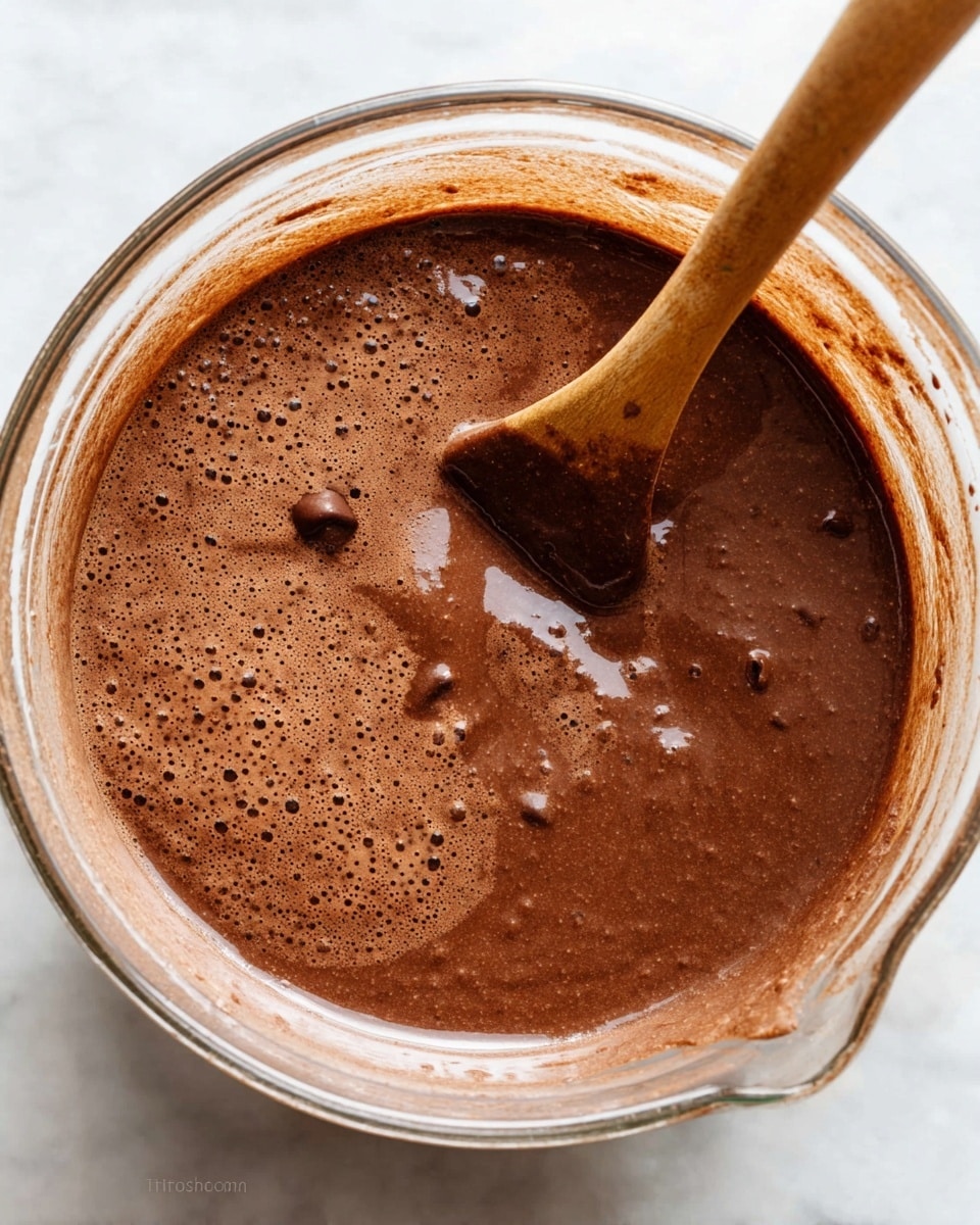 A clear glass bowl filled with smooth chocolate batter showing a rich brown color and slightly bubbly texture. The mixture is thick but liquid, with darker chocolate spots scattered inside. A wooden spoon with a brown handle is partially dipped in the batter, stirring it gently. The bowl rests on a white marbled surface, visible around the edges. The light reflects softly on the batter, highlighting its creamy and moist look. photo taken with an iphone --ar 4:5 --v 7