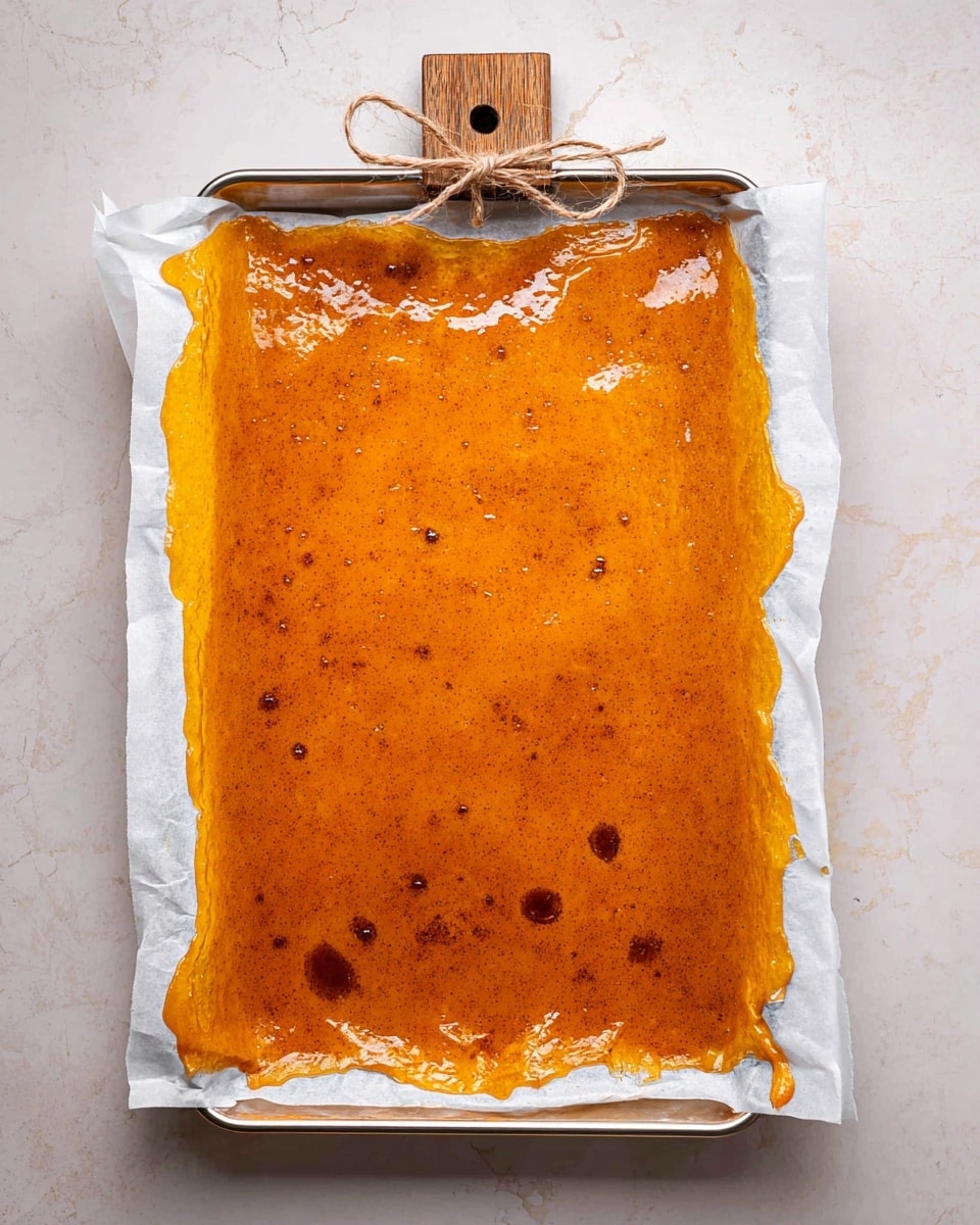 A single large, thin, slightly uneven layer of bright orange caramelized sugar with darker toasted spots and bubbles rests on white parchment paper. The parchment paper lines a rectangular metal tray with a wooden handle tied with twine visible at the top. The orange layer has a shiny, glossy texture and small darker holes in the middle, showing a hard, brittle surface. The tray is placed on a white marbled surface. photo taken with an iphone --ar 4:5 --v 7