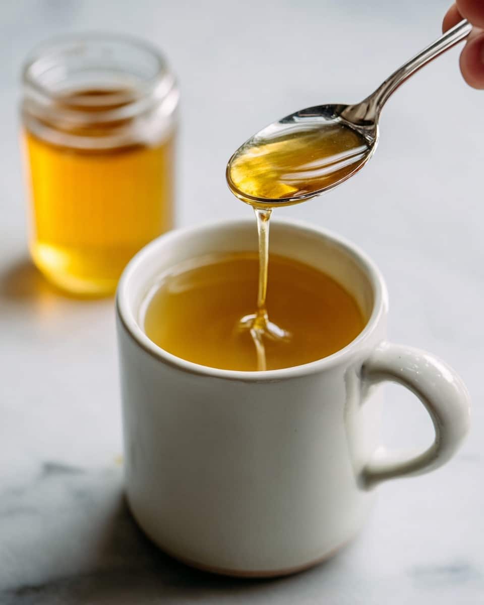 A close-up image shows a white ceramic mug filled with light golden liquid, placed on a white marbled surface. Above the mug, a shiny silver spoon held by a woman's hand is dripping the same golden liquid back into the mug, creating a small swirl on the liquid surface. Next to the mug, there is a small glass jar filled with the same golden liquid. The overall color tones are warm and soft, with focused light highlighting the shiny texture of the liquid and spoon. photo taken with an iphone --ar 4:5 --v 7