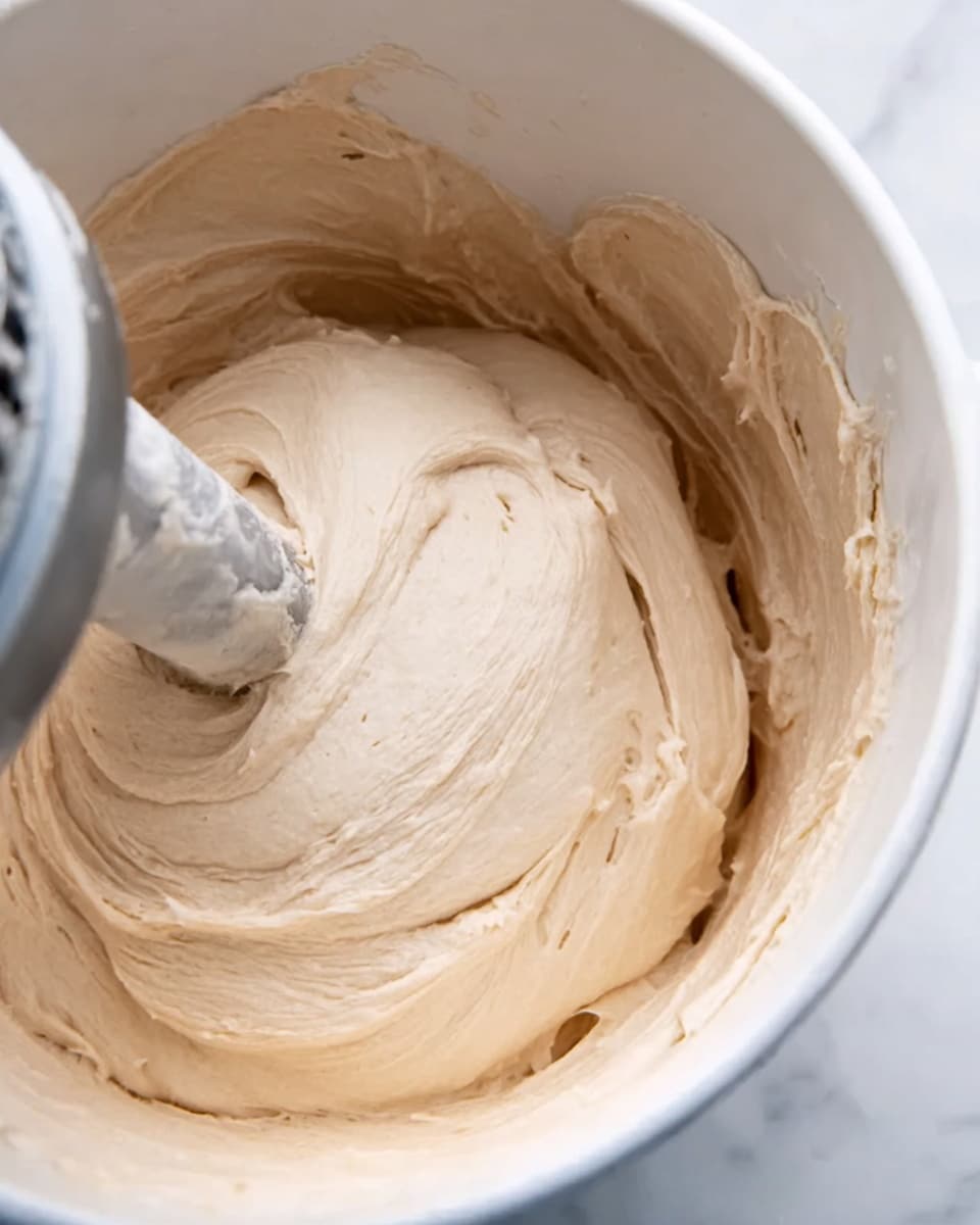 A close-up view of smooth, creamy dough being mixed inside a white bowl with a metal mixing blade partly visible on the left side. The dough is light beige in color with a soft, fluffy texture that fills most of the bowl, showing a few small air bubbles and soft folds where it has been turned by the mixer. The background surface is a white marbled texture. photo taken with an iphone --ar 4:5 --v 7